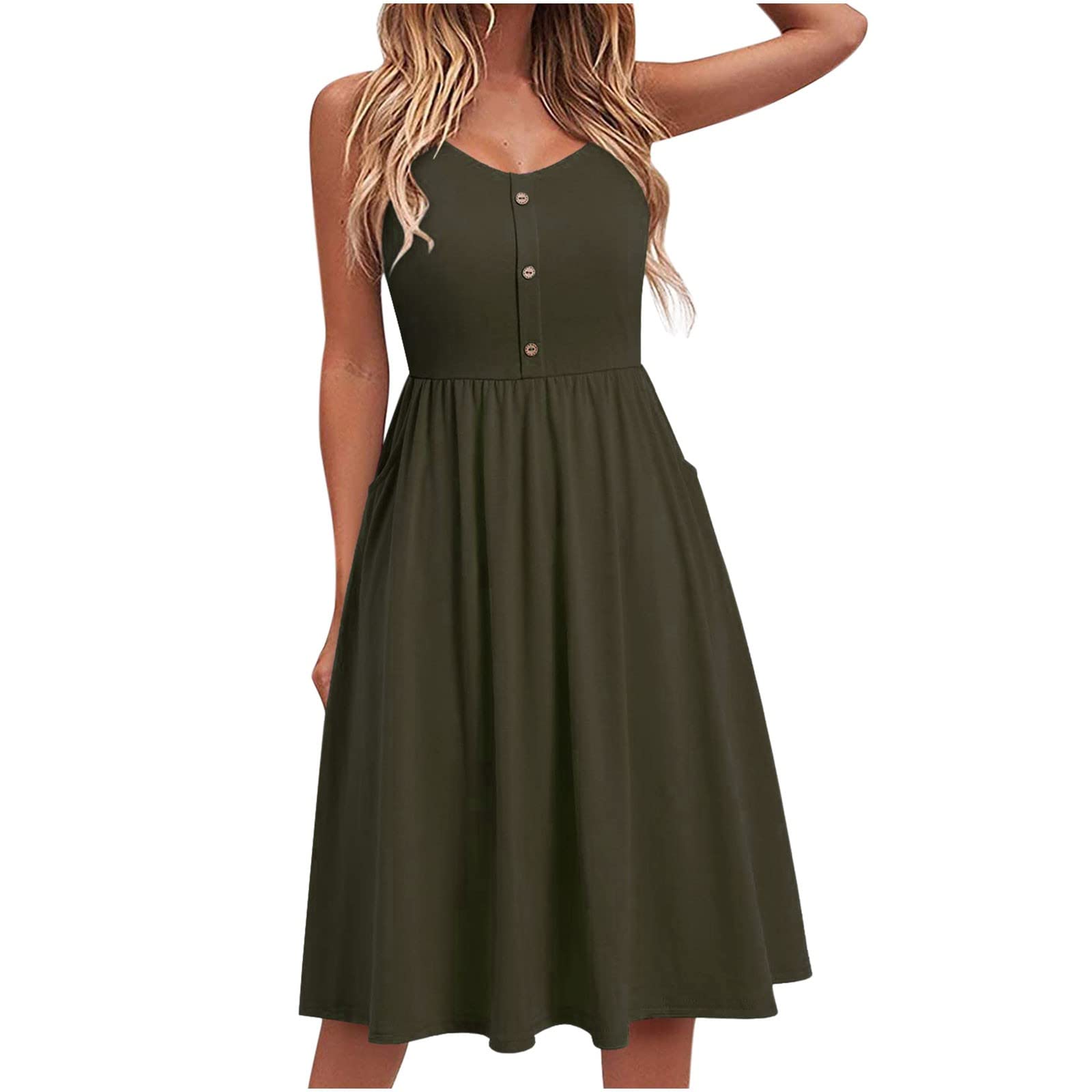 SEAOPEN Women's Summer Swing Dress - Round Neck Midi Sundress, Casual Flowy Beach Dress with Button Down, Solid Color for Vacation, Party & Outdoor Activities