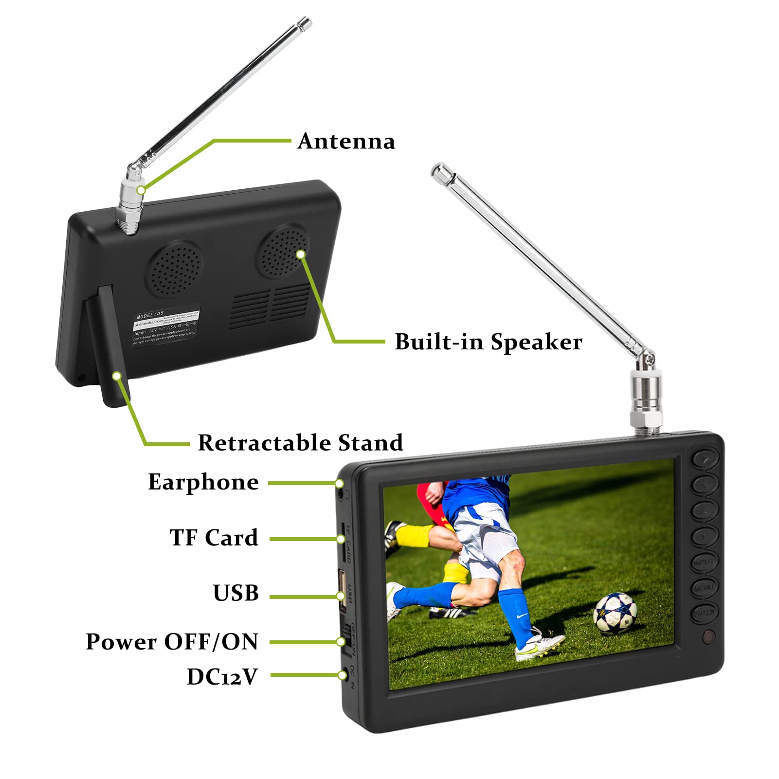 5 Inch Portable Digital TV - Rechargeable 1080P Mini TV with USB Plug & TF Card Slot | Perfect for Car, Travel, Kitchen, Camping & Outdoor Activities