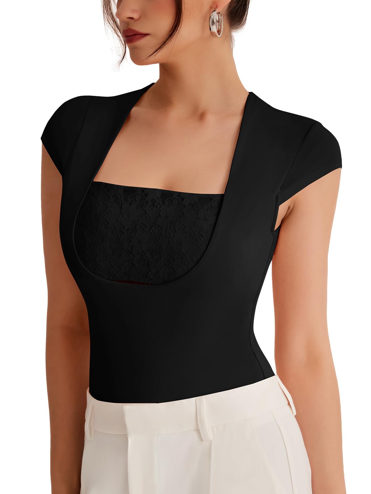 REORIA Women's Sexy Lace Bodysuit - Scoop Neck Cap Sleeve Tops for Spring Summer 2024 | Fashionable Lingerie & Clubwear for Date Night, Party & Special Occasions