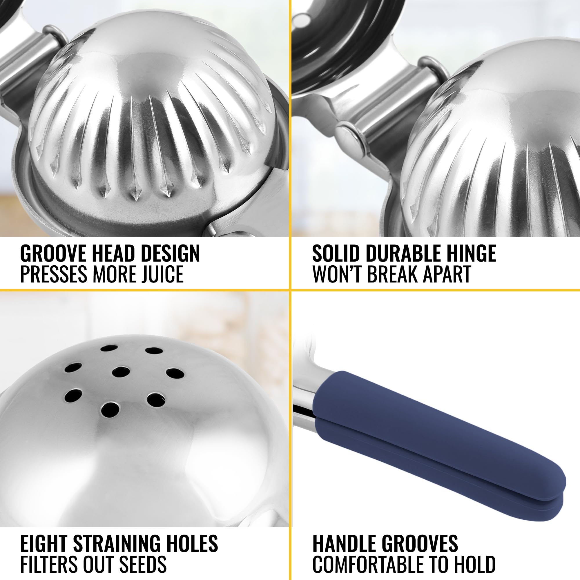 Premium Stainless Steel Lemon Squeezer - Heavy Duty Manual Citrus Juicer with Solid Metal Bowl & Food Grade Silicone Handles - Lime, Orange & Lemon Press for Cocktails, Cooking & Healthy Juicing (Navy Blue)