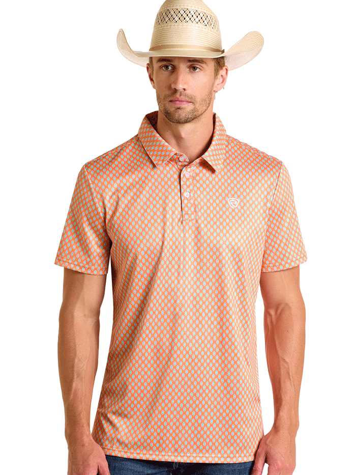 Men's Rock & Roll Geo Print Denim Polo Shirt - Orange Casual Button Down Shirt for Concerts, Parties & Streetwear Fashion
