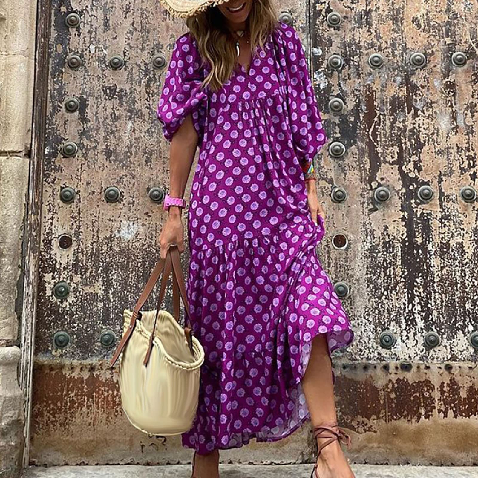 Boho Summer Dresses for Women - Casual Puff Sleeve V-Neck Ruffle Flowy Maxi Dress | Beach Vacation, Outdoor Date, Music Festival & Tropical Getaway Outfit