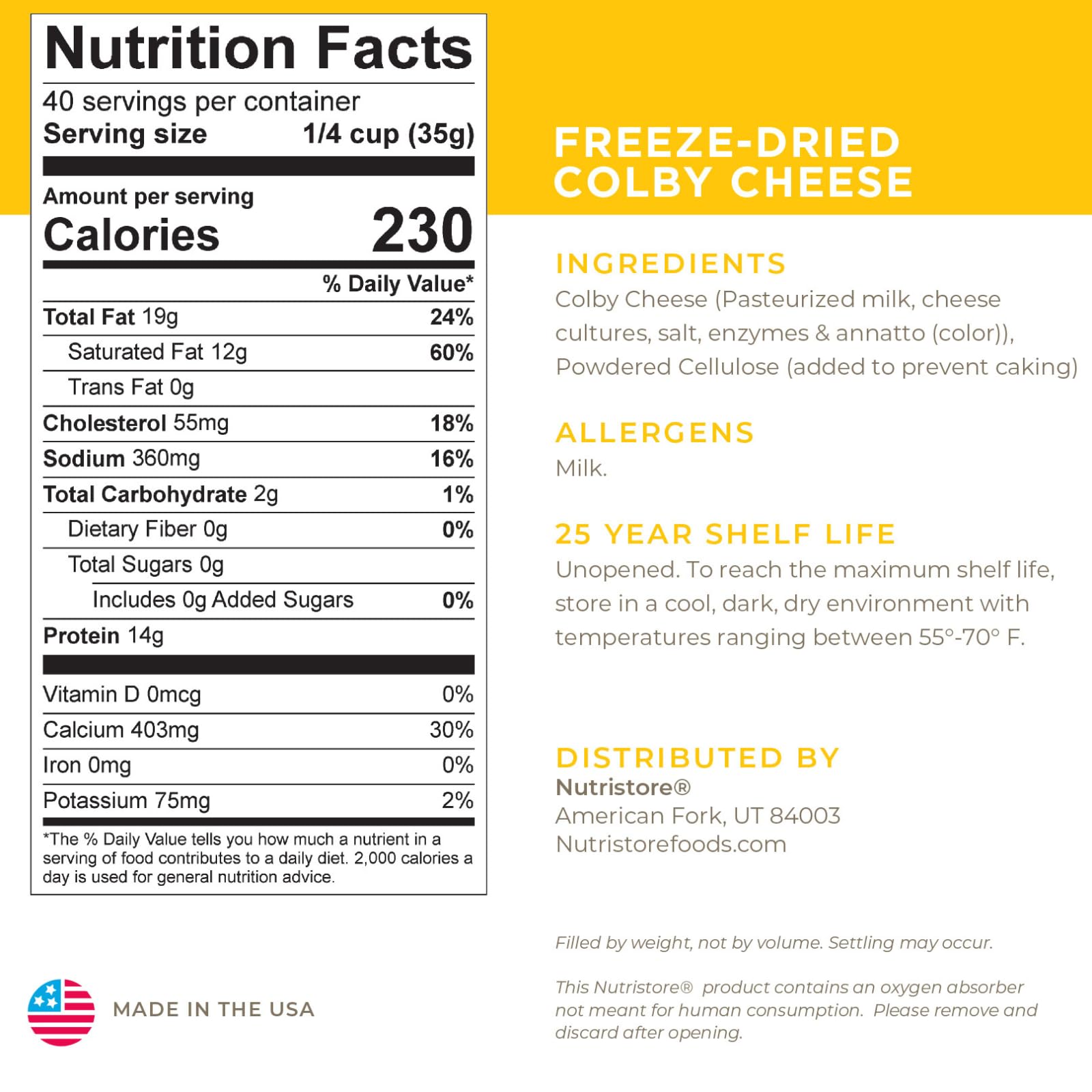 Nutristore Freeze Dried Colby Cheese Shreds | Long Shelf Life Emergency Food Supply (25 Years) | Bulk #10 Can 38.1oz (1080g) | Ideal for Camping, Hiking, Prepping & Everyday Cooking | Perfect for Cheese Toppings, Omelets, Pasta & Emergency Kits
