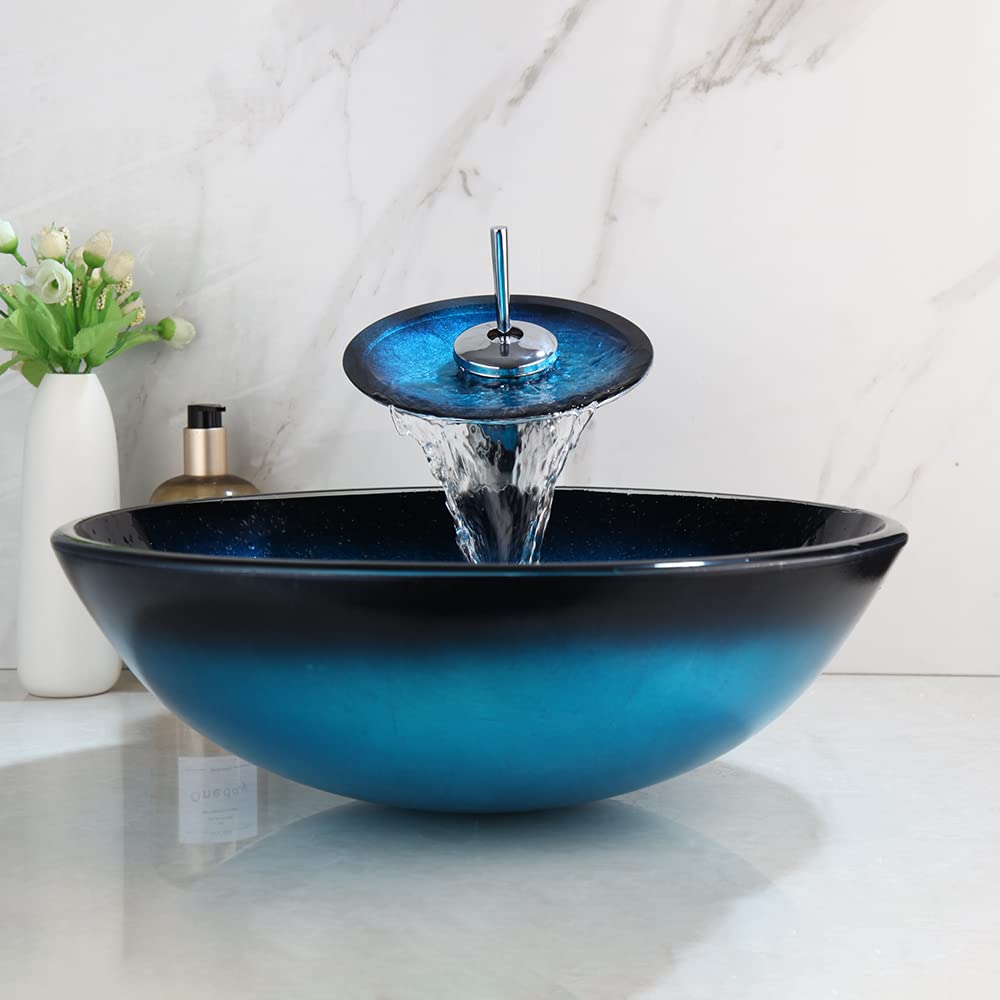 Black & Blue Round Tempered Glass Vessel Sink with Waterfall Faucet - Bathroom Wash Basin with Chrome Brass Mixer, Pop-up Drain & Hot/Cold Water Hoses - Perfect for Modern Bathrooms, Powder Rooms & Spa Retreats