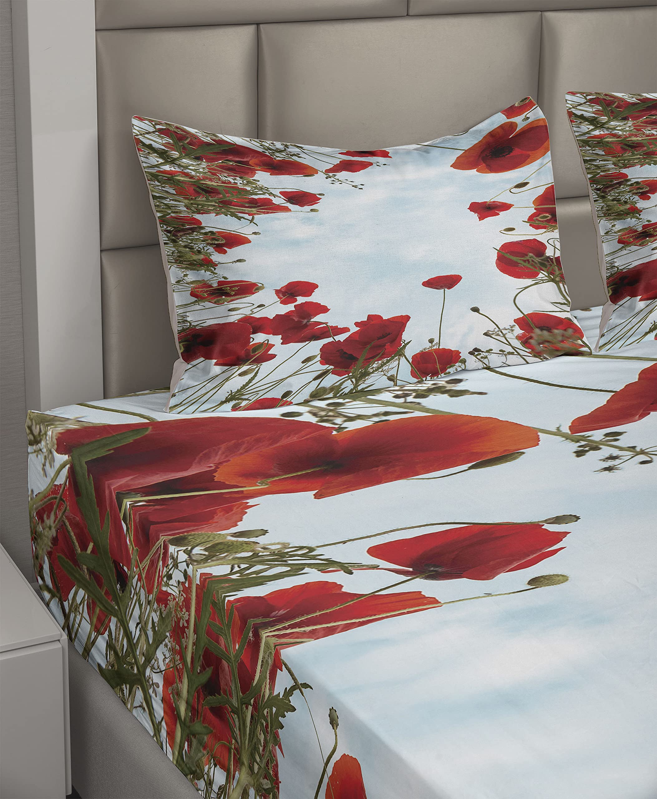 Ambesonne Poppy Flower Bed Sheet Set 4-Piece - King Size, Vermilion & Pale Blue, Tilt Shot Meadow & Herb Design - Fitted Sheet, Flat Sheet & 2 Pillowcases - Perfect for Boho & Farmhouse Bedroom Decor
