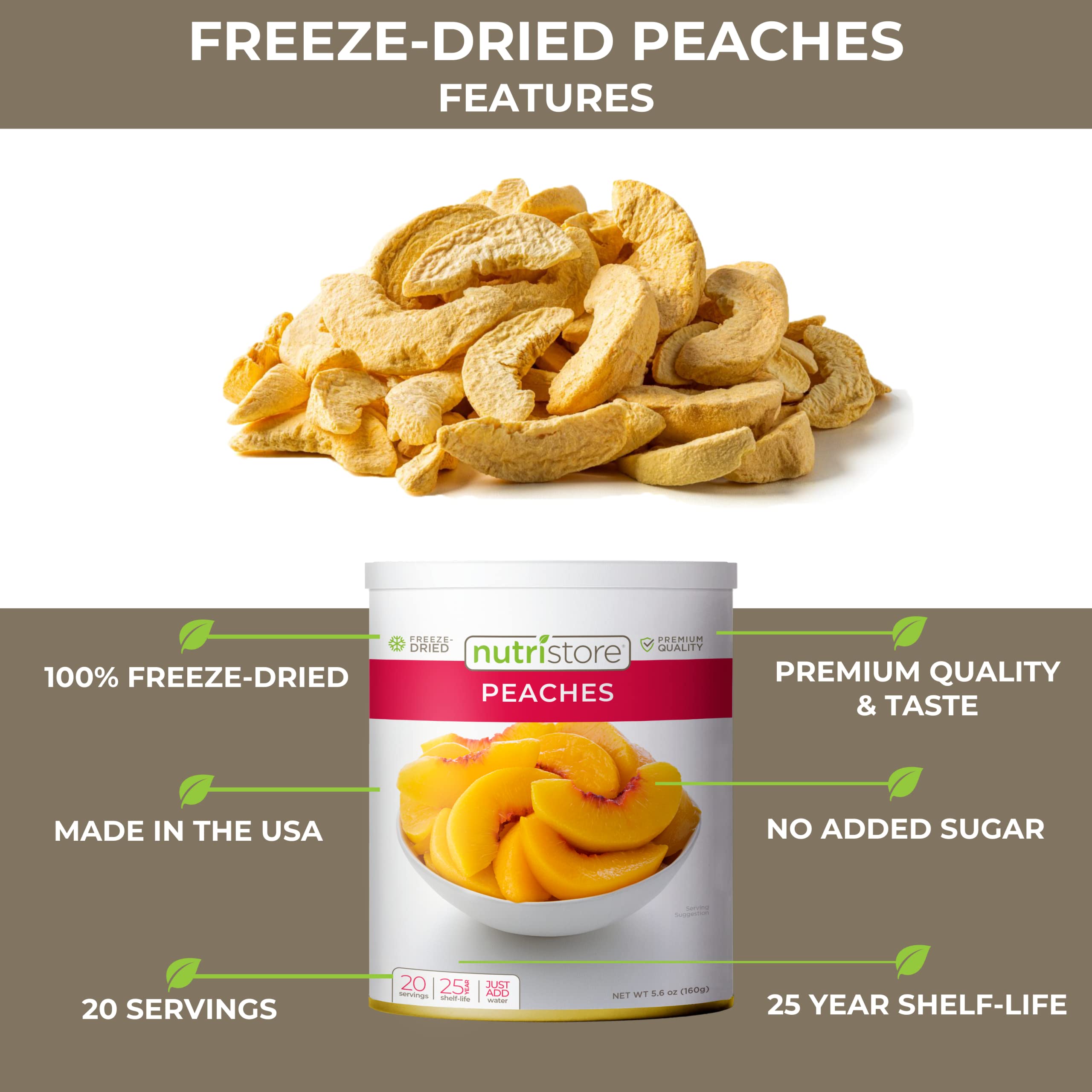 Nutristore Freeze Dried Peaches - 4 Pack (80 Servings, 22.4 OZ) | Long Shelf Life 25 Years | Healthy Snack for Hiking, Camping & Emergency Food Storage | Gluten-Free, Non-GMO, No Preservatives | Perfect for Backpacking, Road Trips & Survival Kits