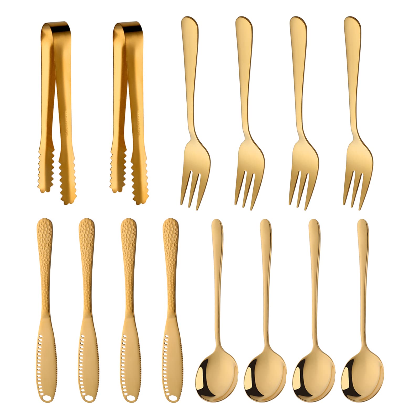 14-Piece Stainless Steel Cheese, Butter & Jam Spreader Set - Includes Round Soup Spoons, Dinner Forks & Mini Serving Tongs - Perfect for Pastry Making, Tea Parties & Kitchen Serving (Gold)