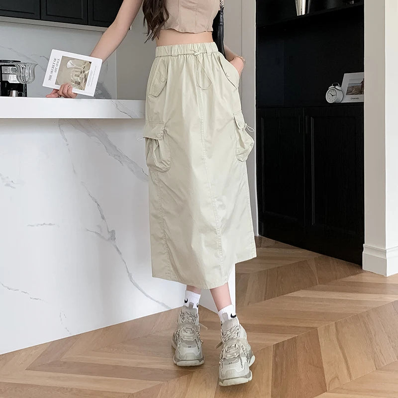 Apricot Elastic Waist Women's Cargo Skirt - Lace-Up Casual Streetwear Skirt in Grey & Black | Perfect for Summer Outfits, Music Festivals & Everyday Wear