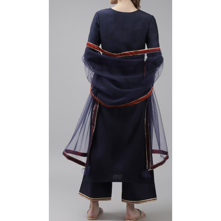 Elegant Navy Blue Embroidered Kurta Set with Yoke, Palazzos & Dupatta - Traditional Indian Outfit for Women - Perfect for Weddings, Festivals & Special Occasions