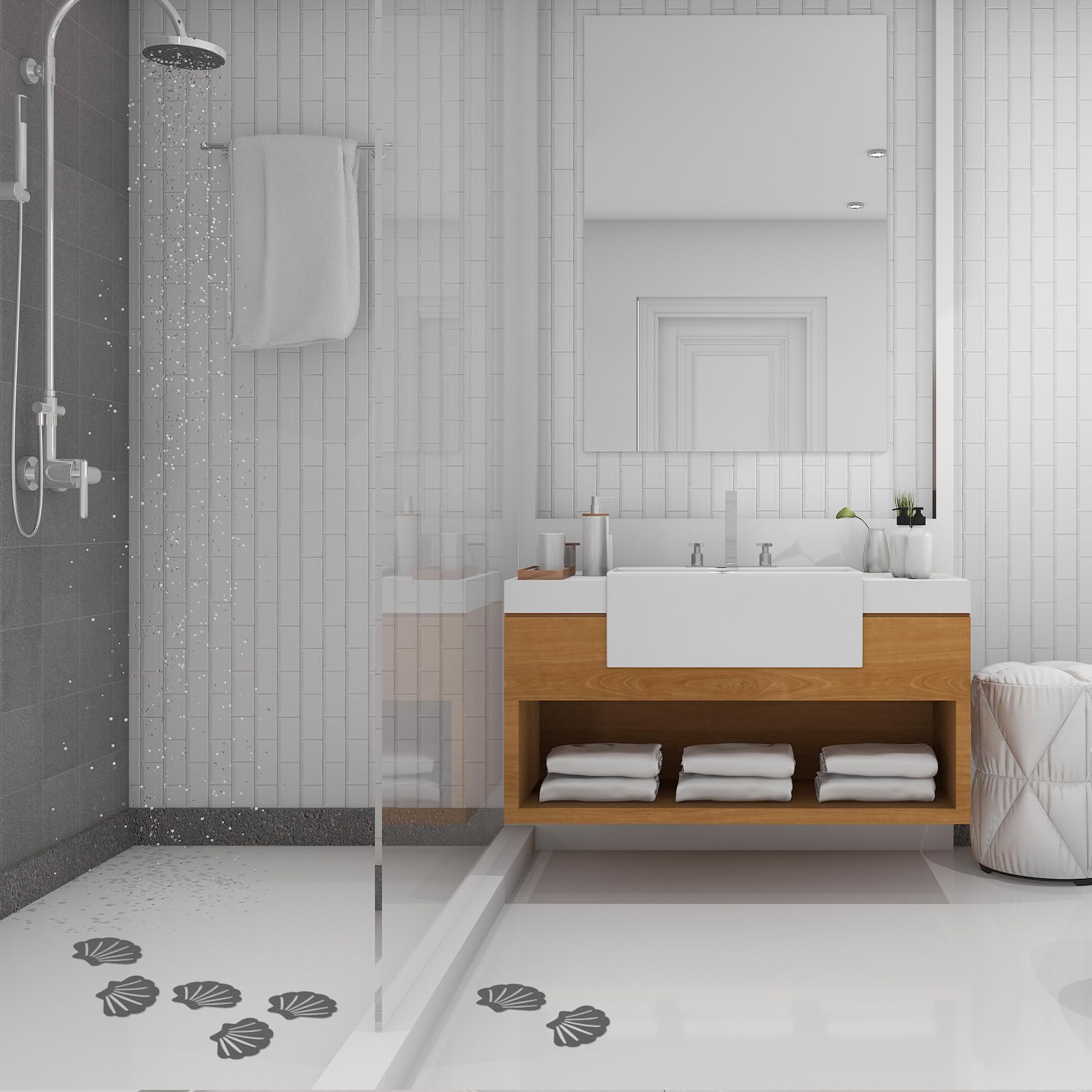 12 Pack Non-Slip Shower Stickers - Anti-Skid Bath Tub Safety Decals for Adults, Kids & Elderly - Shell Shaped Adhesive Treads for Showers, Bathtubs, Stairs, Ladders & Boats (Grey) - Prevent Slips & Falls in Wet Areas