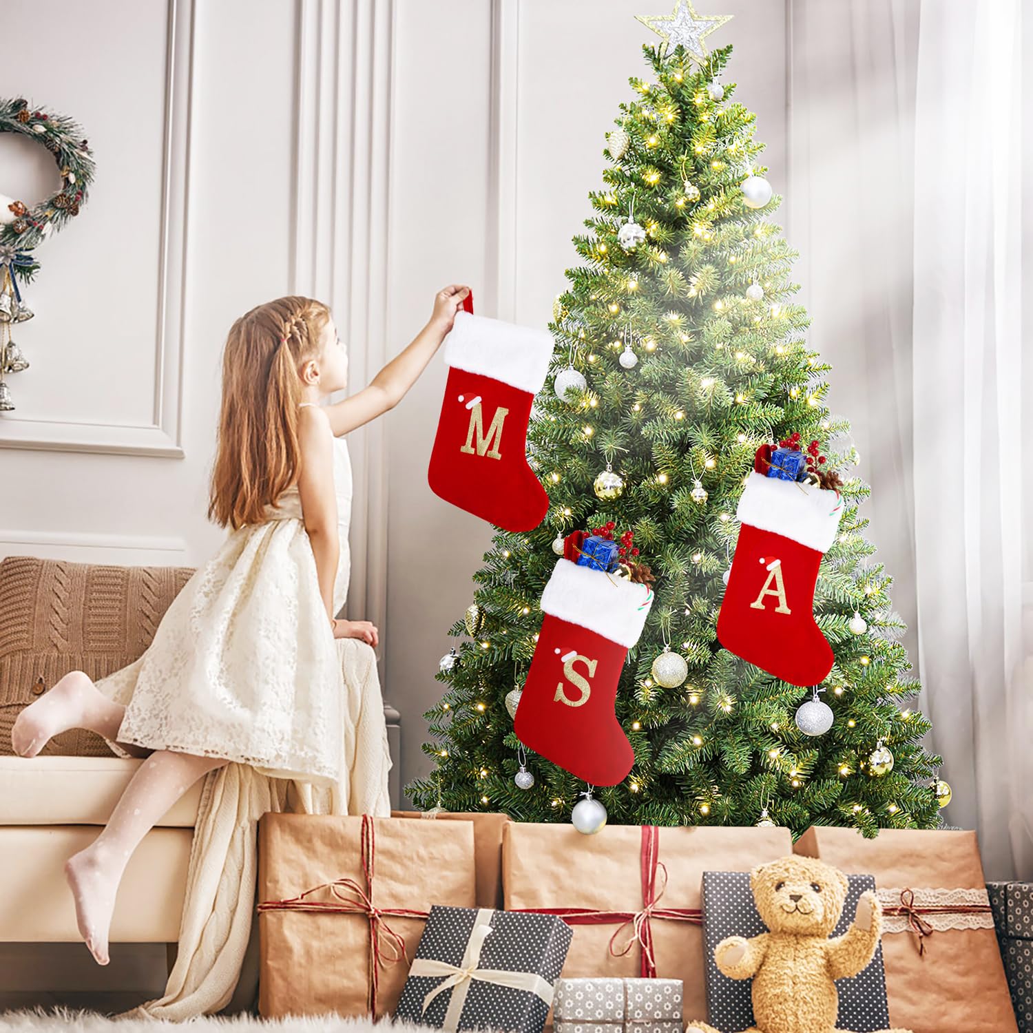 Personalized 20 Inch Red Velvet Christmas Stocking with Monogram Letter J - Large Soft Plush Holiday Stocking for Fireplace, Xmas Tree Decor - Perfect for Family Gifts & Cozy Winter Celebrations
