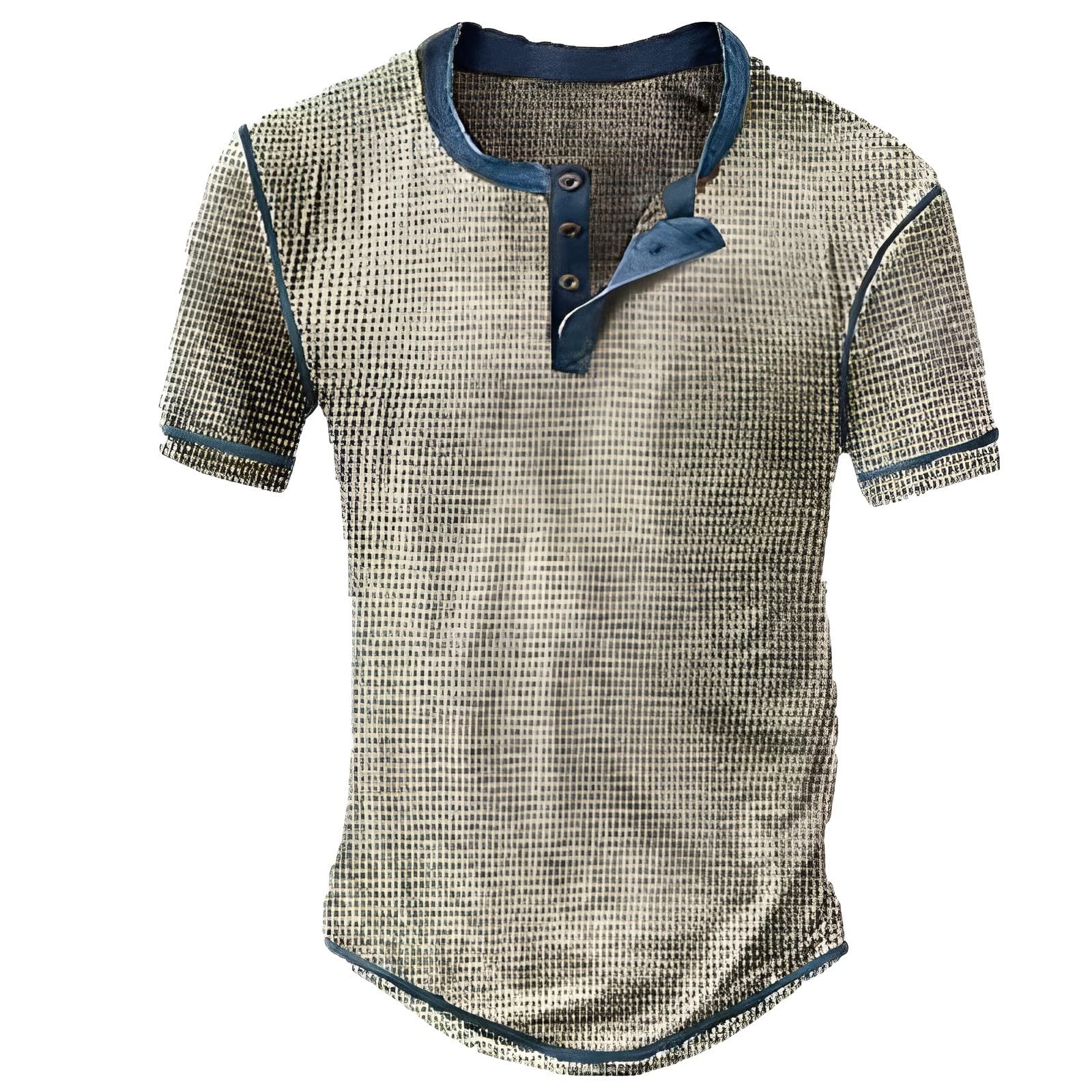 Men's Waffle Henley Shirts - Short Sleeve Casual Button Up Tops, Collarless Retro Distressed Lightweight Tee for Summer | Perfect for Outdoor Activities, Beach Wear & Everyday Fashion