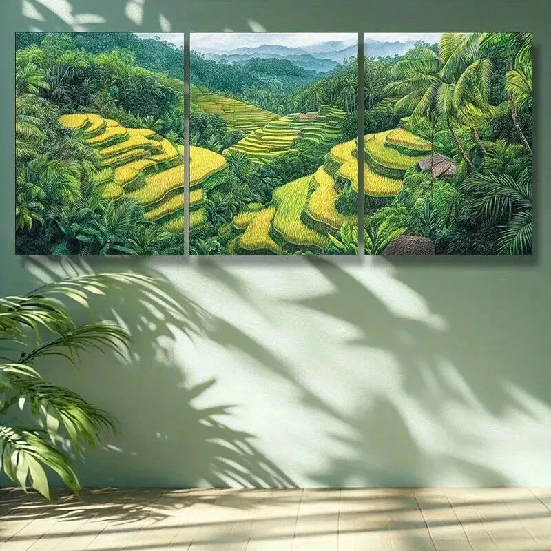 3-Piece Rice Terraces Art Painting Set - Framed Canvas Wall Art 50x70cm - High Quality Print | 100% Australian Made | Ready to Hang | Perfect for Living Room, Bedroom & Office Decor