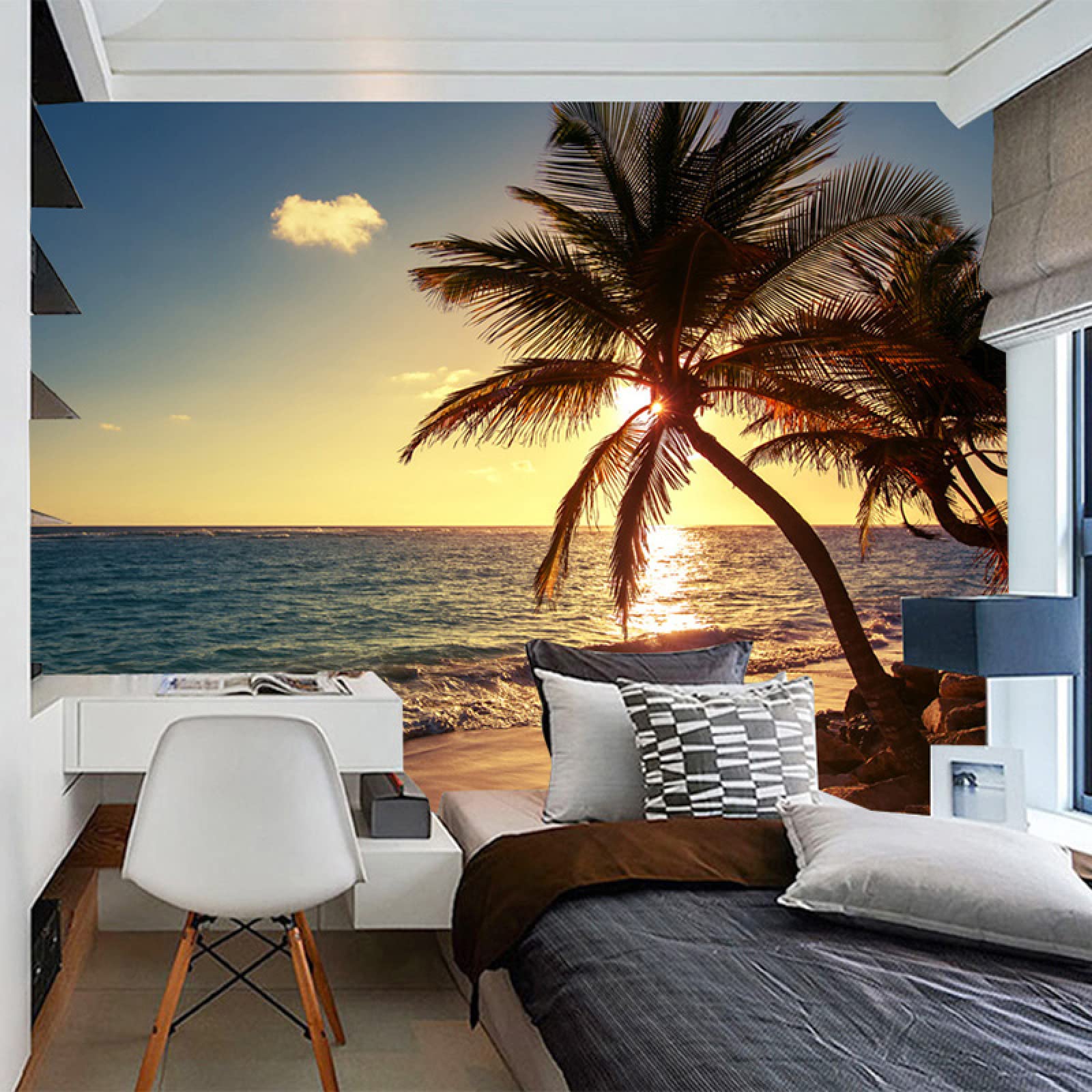 3D Sunset Sea Island Wall Mural with Coconut Trees & Clouds - Waterproof Peel & Stick Wallpaper (169.3x118.2 inches) for Preschools, Daycare Centers, Kids Rooms & Beach-Themed Decor