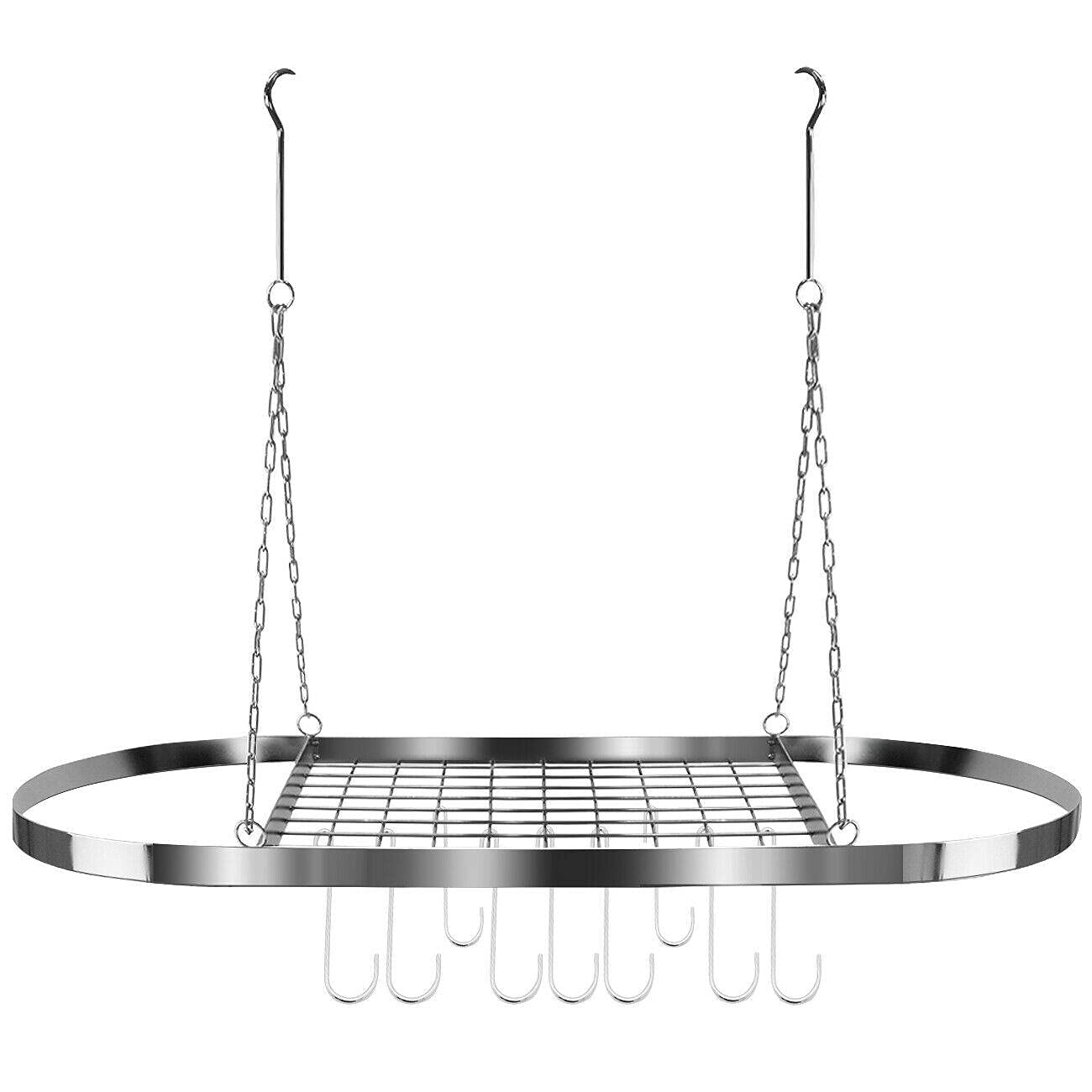 XDE Decorative Oval Ceiling Pot and Pan Rack with Hooks - Chrome Kitchen Storage Organizer for Pots, Pans & Utensils | Space-Saving Solution for Small Kitchens, Dish Drying & Cookware Organization