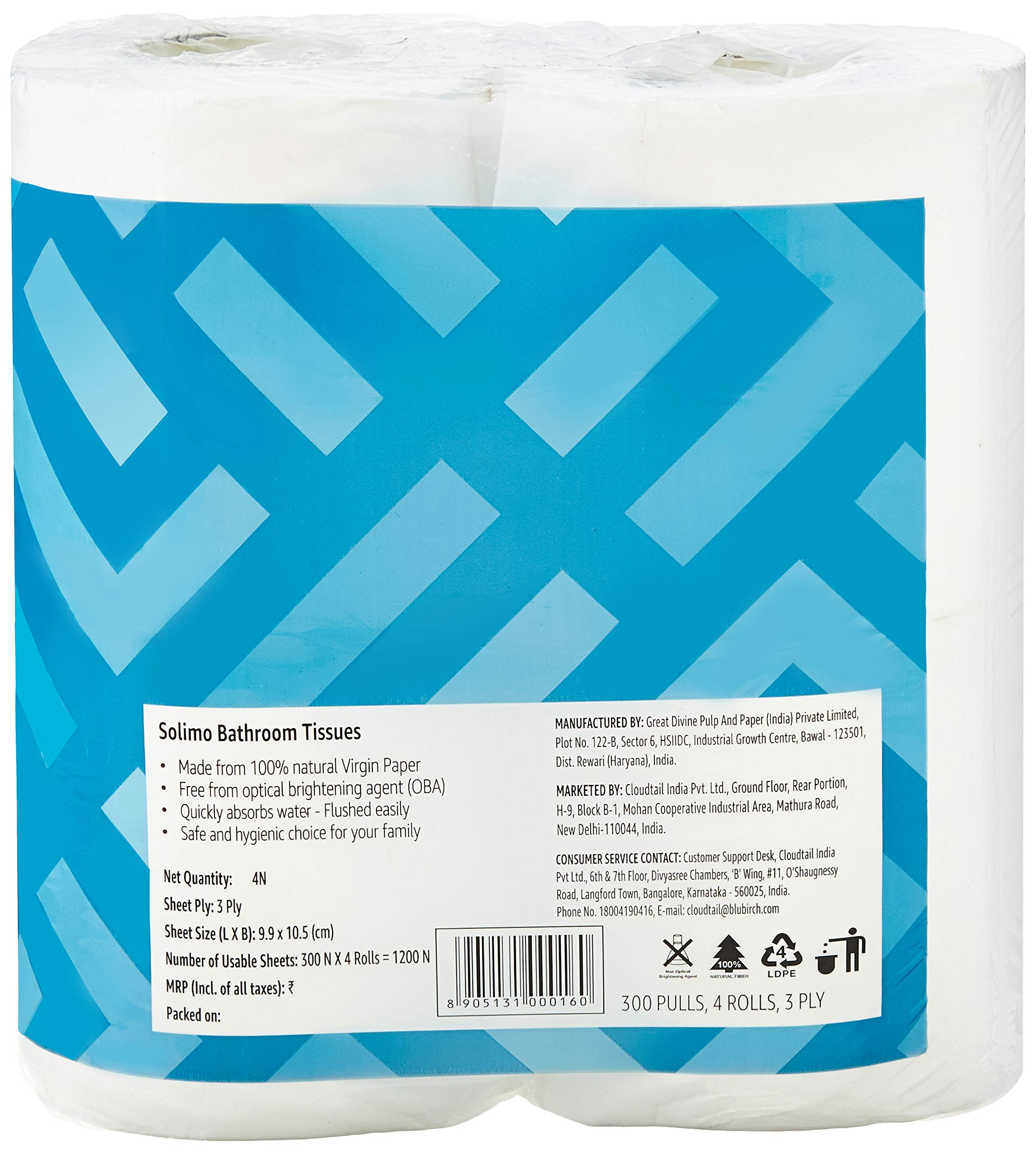 Solimo 3-Ply Toilet Paper Rolls, 1200 Sheets (4 Rolls x 300 Sheets) | Ultra Soft & Highly Absorbent | 100% Natural Virgin Cellulose Fiber | Perfect for Home, Office & Travel Use