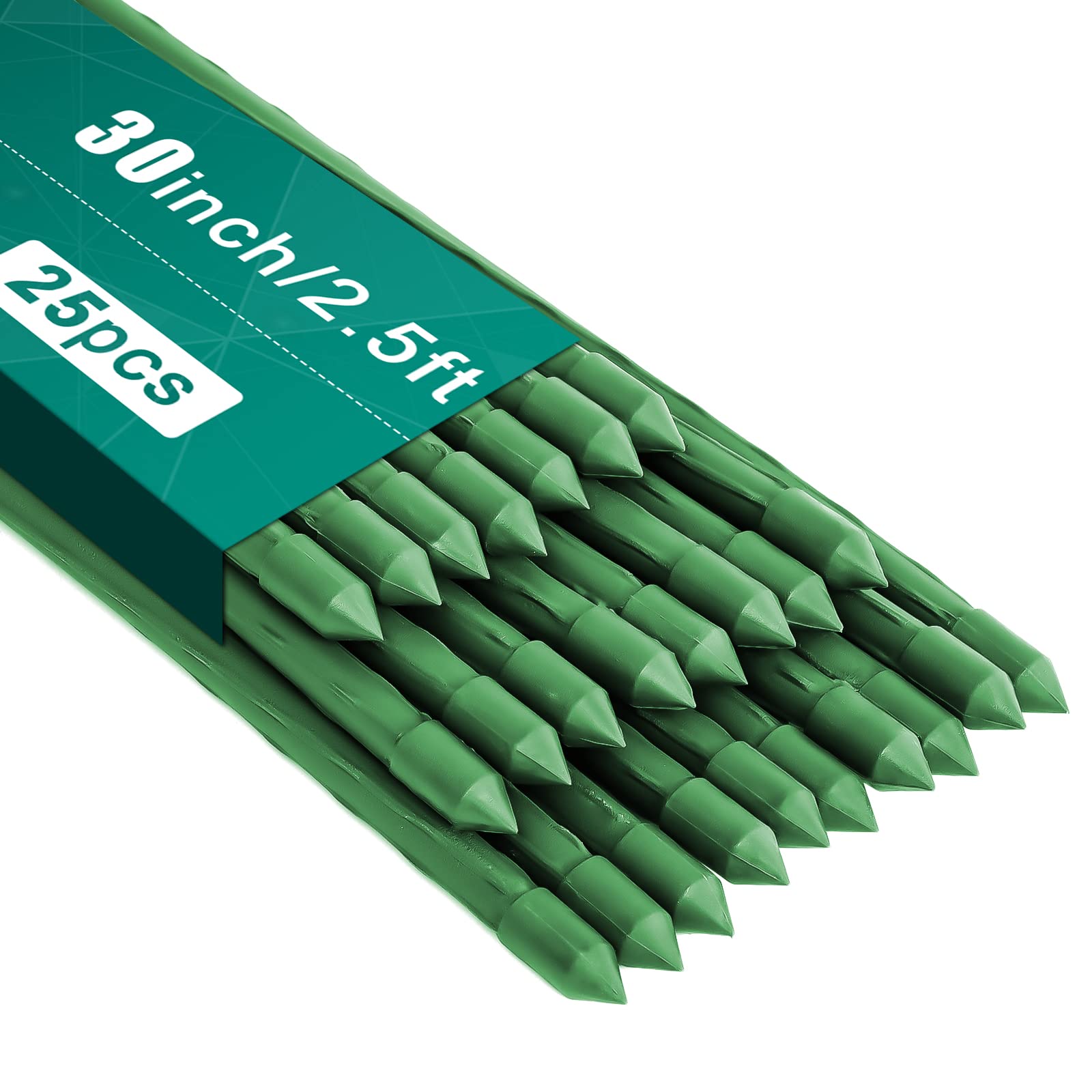 FEED GARDEN 30 Inch (2.5ft) Garden Stakes - 25 Pack Metal Plant Supports with Plastic Coating for Tomatoes, Beans & Trees | Heavy Duty Plant Stakes for Outdoor Gardening & Vegetable Support