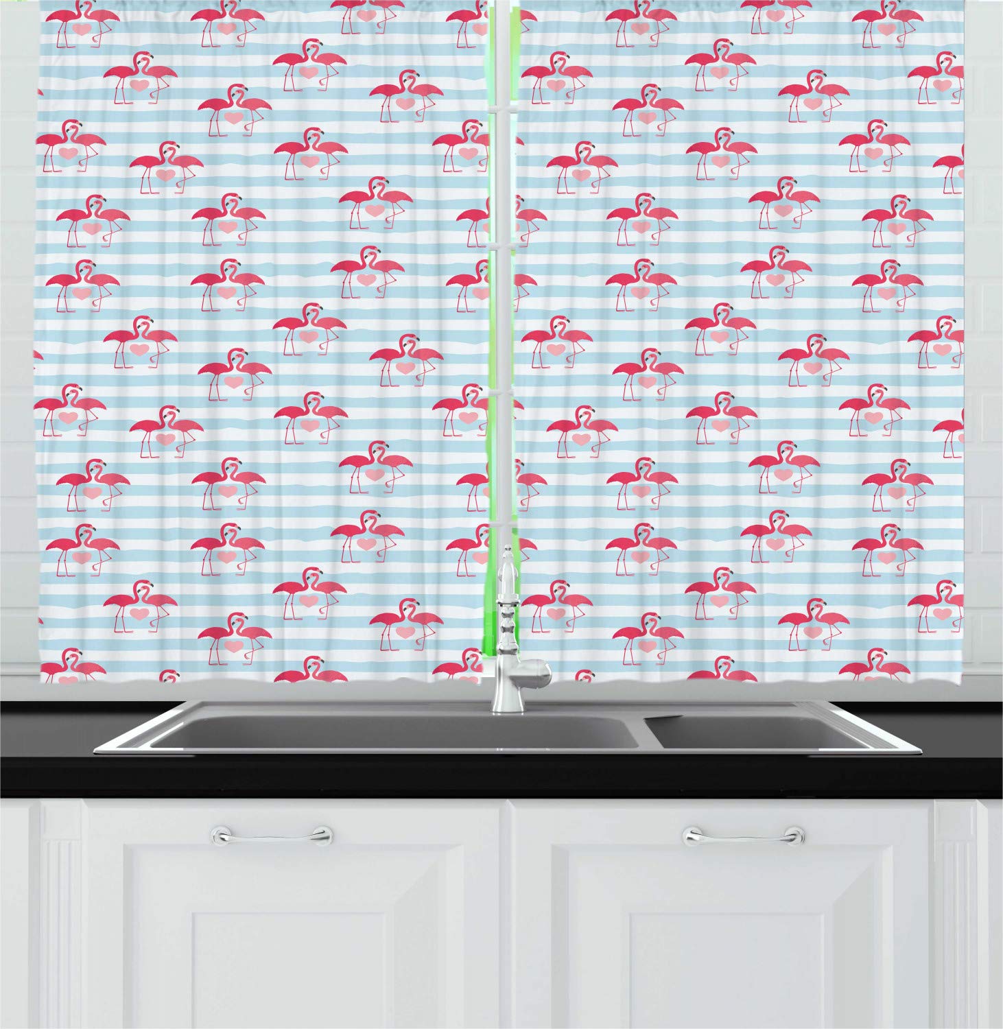 Ambesonne Valentine's Day Kitchen Curtains - Romantic Flamingo Couple with Heart Motifs on Striped Design, 2-Panel Window Drapes for Kitchen & Cafe Decor (55