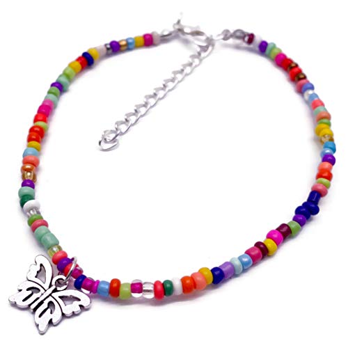 Butterfly Charm Bead Anklet - Adjustable 9-11 Inch Silver Tone Ankle Bracelet with Multicolor Beads for Women | Perfect for Summer, Beach, Boho Fashion & Gift Giving