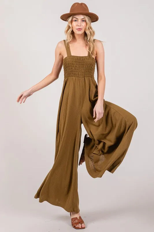 Olive Green Flowy Wide Leg Jumpsuit for Women - Boho Chic Romper with Pockets | Perfect for Summer Outfits, Beach Vacations & Casual Wear
