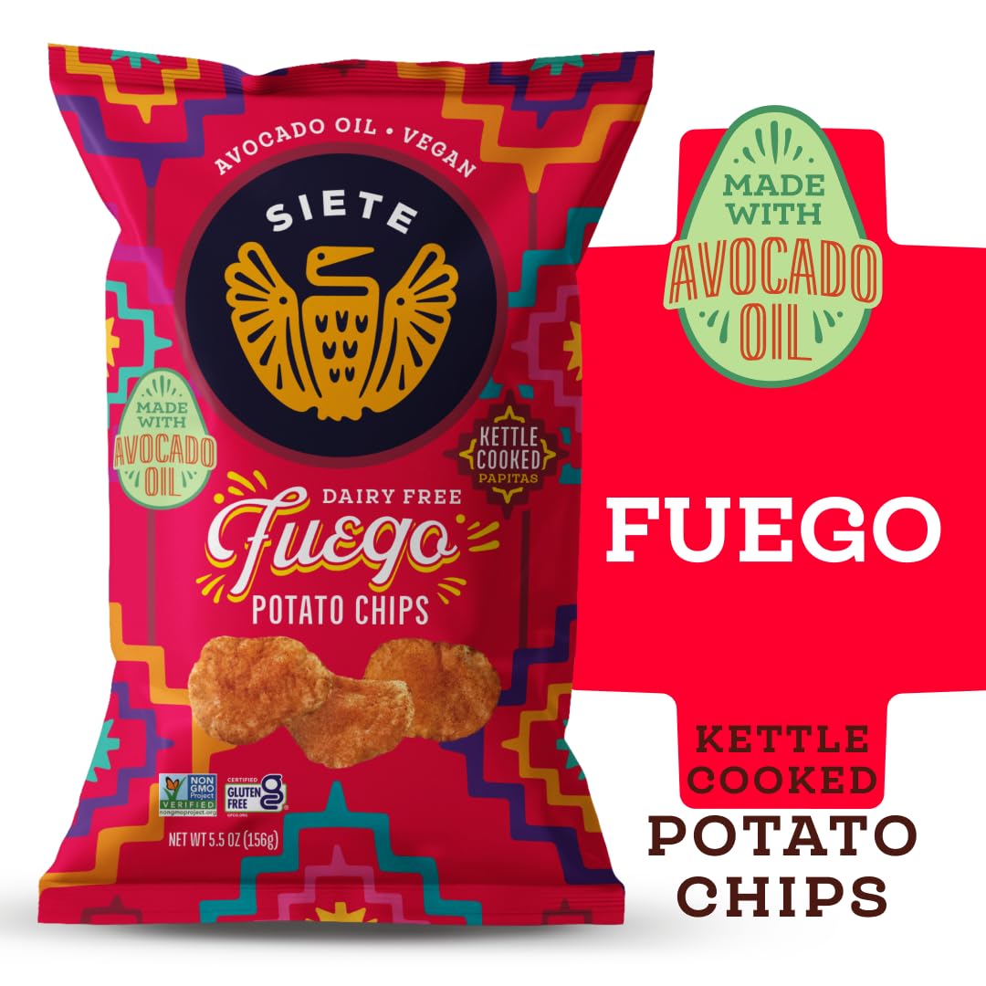 Siete Grain Free Potato Chips - Kettle Cooked Gluten Free Vegan Snacks, Non GMO, Fuego Flavor, 5.5oz (6-Pack) - Perfect for Keto Diet, Healthy Snacking & Party Platters