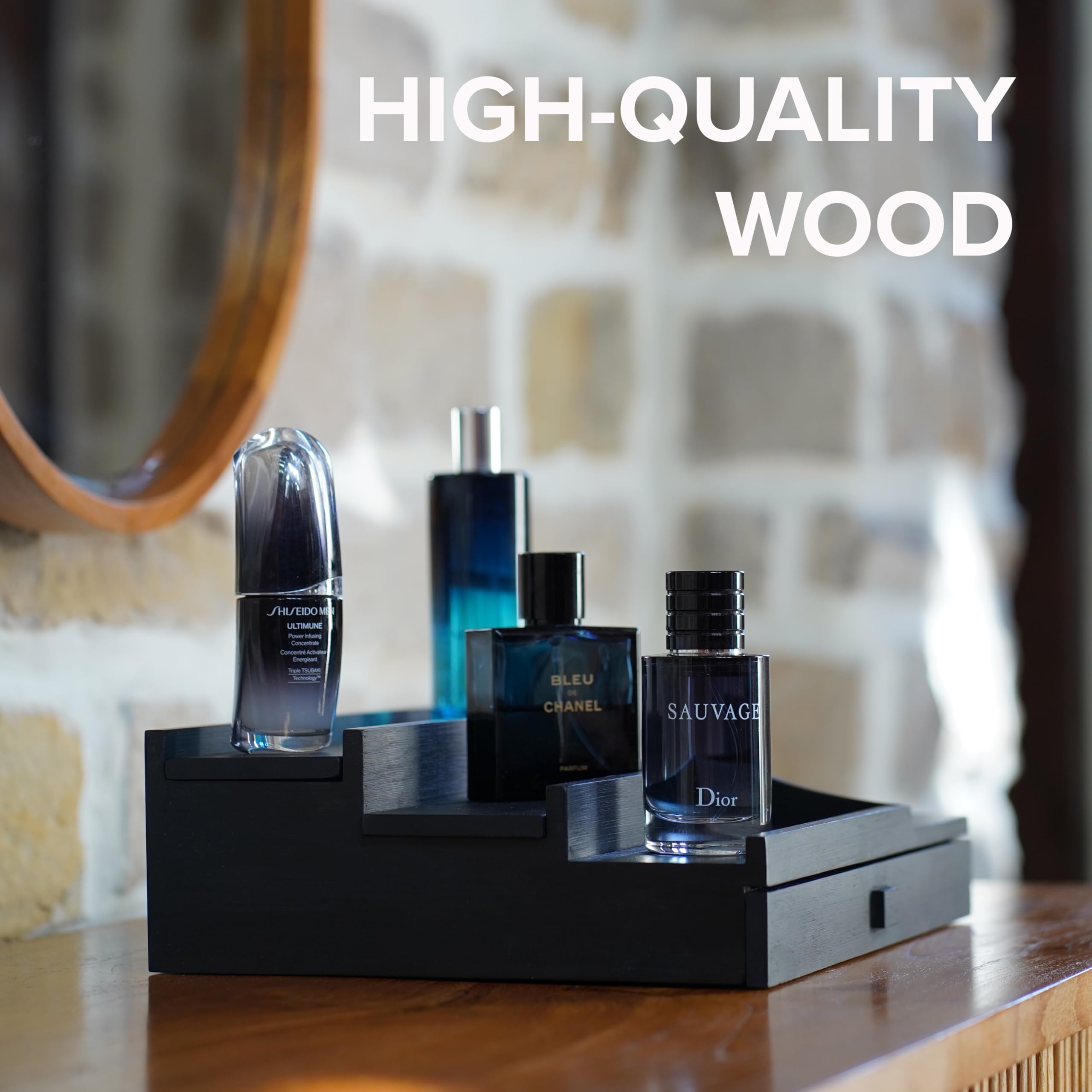3-Tier Wooden Cologne Organizer for Men with Drawer & Hidden Compartments – Perfume Display Stand, Bathroom Countertop Shelf & Fragrance Holder – Perfect for Dresser, Vanity or Gift (Black)