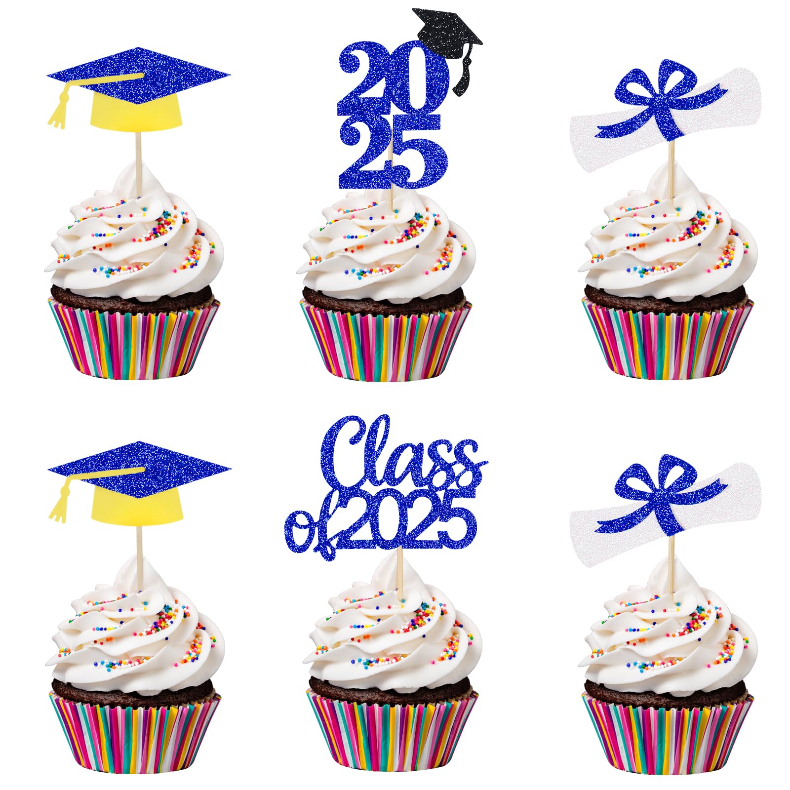 2025 Graduation Cupcake Toppers - Blue Class of 2025 Grad Cap & Diploma Cake Decorations | Perfect for Graduation Party, Commencement Ceremony & Celebration Decor