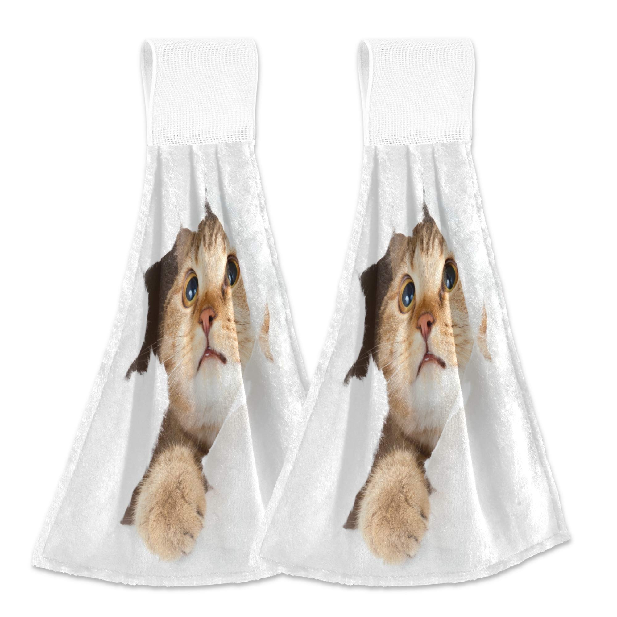 Cute Red Kitten Cat Pattern Kitchen Hand Towels with Hook & Loop - Set of 2 Absorbent Hanging Towels for Bathroom & Kitchen - Perfect for Dish Drying, Hand Wiping & Home Decor