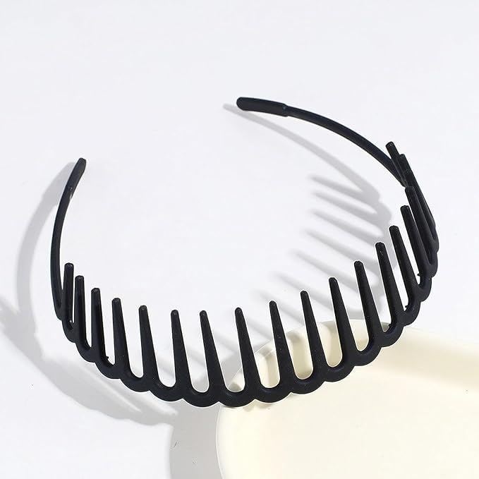 Non-Slip Resin Hair Hoop - Matte Finish Teeth Comb Headband for Women & Girls (2 Pack, Black) | Wavy Toothed Hair Clasp for Ponytails, Updos & Everyday Styling