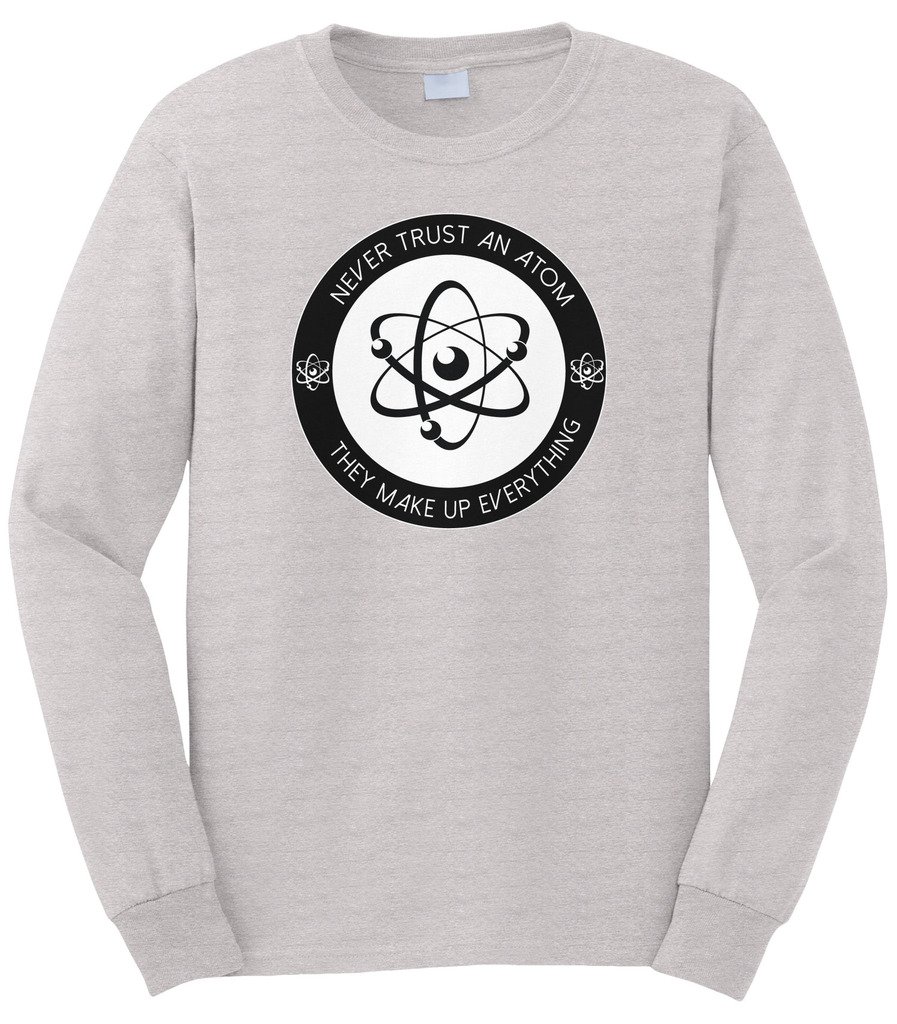 Cybertela Men's Science Humor Long Sleeve T-Shirt - 'Never Trust an Atom They Make Up Everything' Funny Chemistry Graphic Tee for Nerdy Gifts & Casual Wear