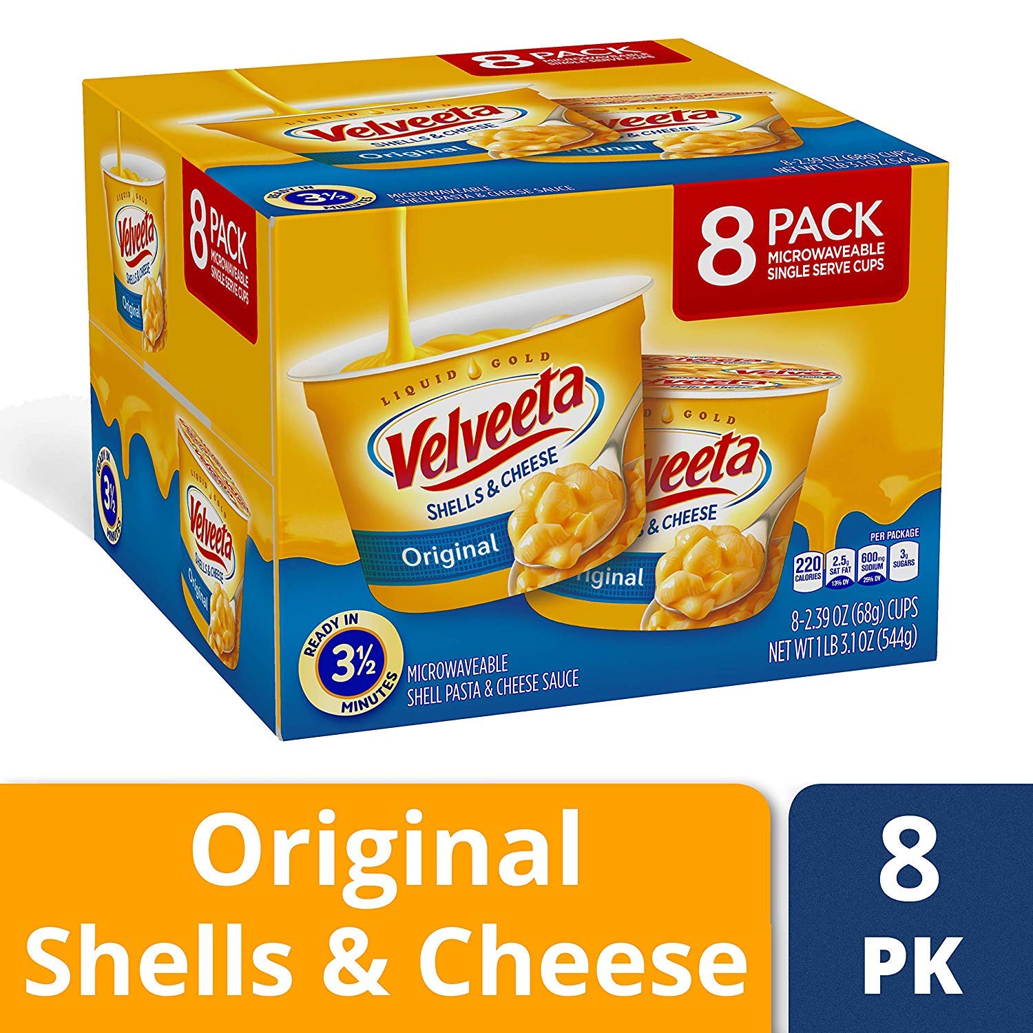 Velveeta Shells & Cheese Pasta - Original Flavor Microwave Cups (8 Count, 2 Pack) | Quick & Easy Single-Serve Meal for Office Lunch, College Dorm Snacks & Busy Weeknights