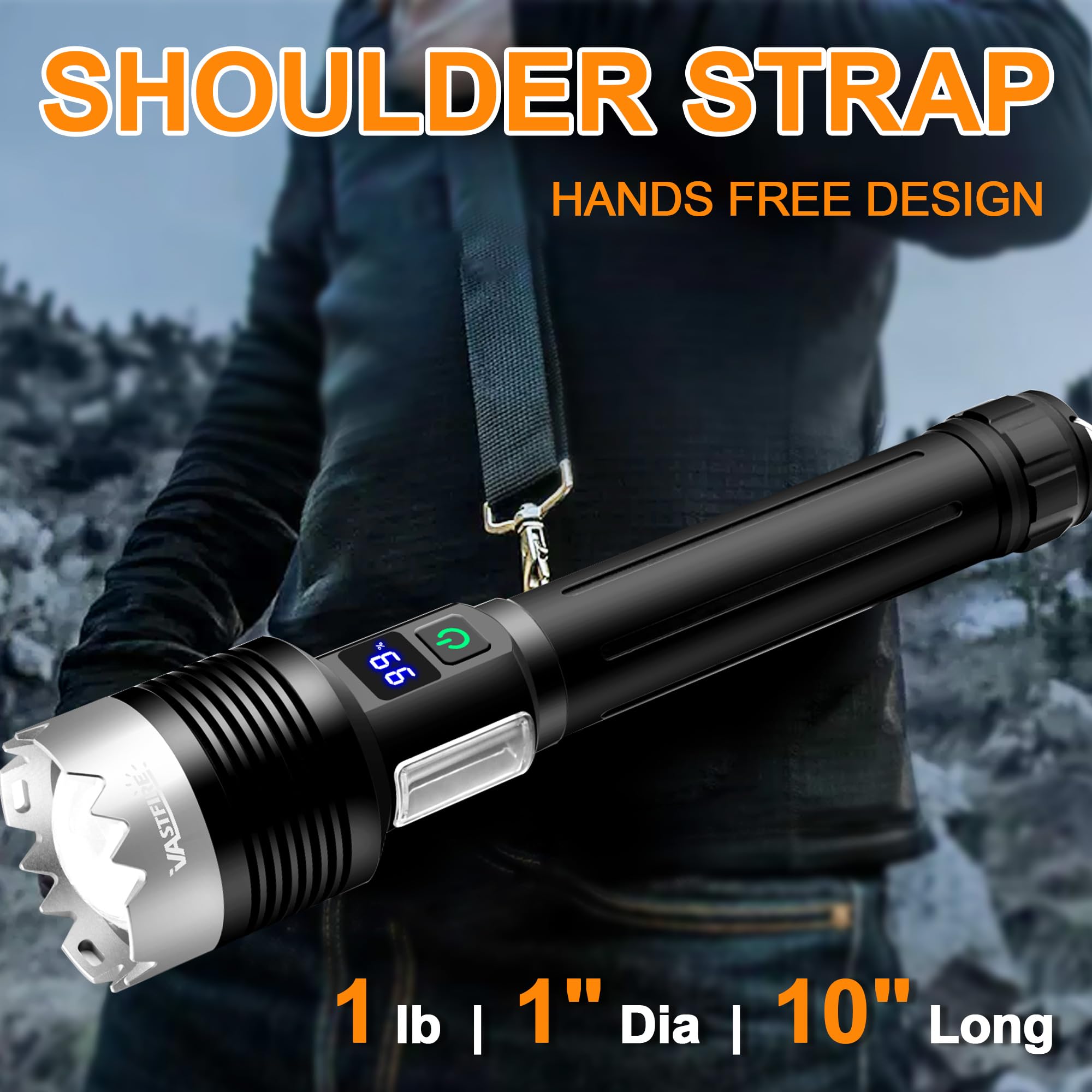VASTFIRE Super Bright 1,000,000 Lumens LED Flashlight with 10,000mAh Battery - Adjustable Beam, Power Display & Side COB Light - Includes Mini UV Light - Perfect for Camping, Hiking, Emergency & Outdoor Adventures
