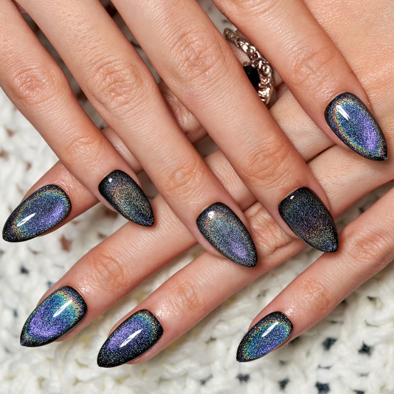 GLAMERMAID Short Almond Press on Nails - 24Pcs Rainbow Black Spring Summer Gel Fake Nails with UV Glossy Finish, Reusable Acrylic Manicure Kit for Women | Perfect for Parties, Weddings & Everyday Glam