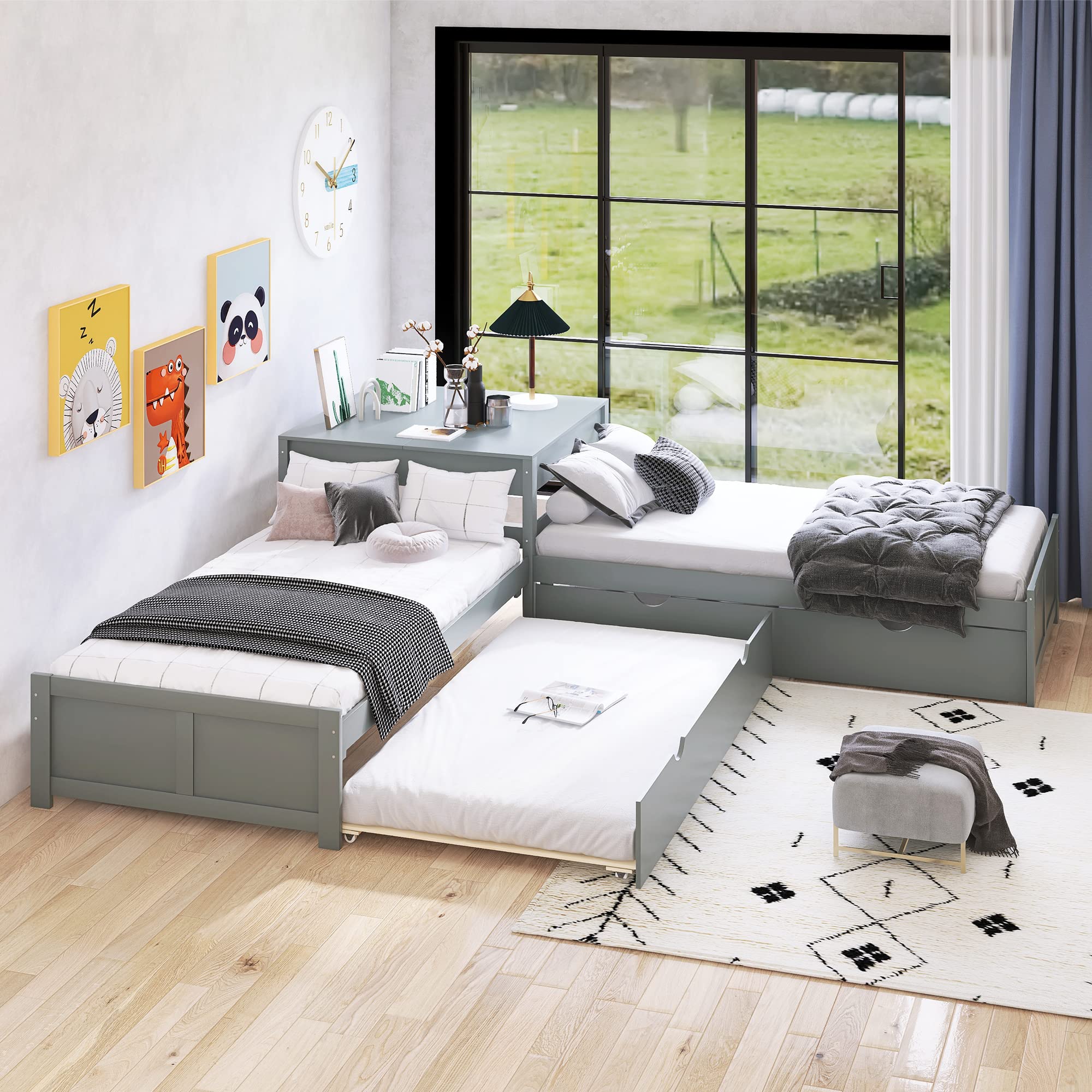 P PURLOVE L-Shaped Twin Platform Bed Frame with 2 Trundles & Built-in Square Table - Solid Wood No Box Spring Needed, Easy Assembly, Gray - Perfect for Small Bedrooms, Kids Rooms & Space-Saving Dorm Furniture