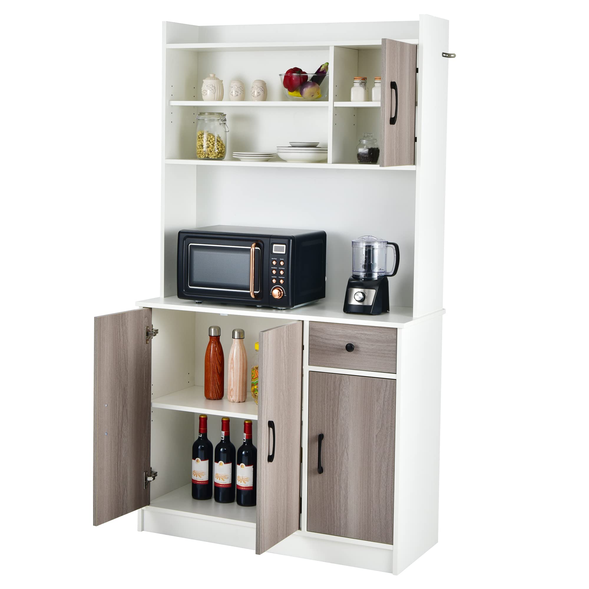 LOKO White Kitchen Pantry Storage Cabinet with Adjustable Shelves & Hutch - 39.5