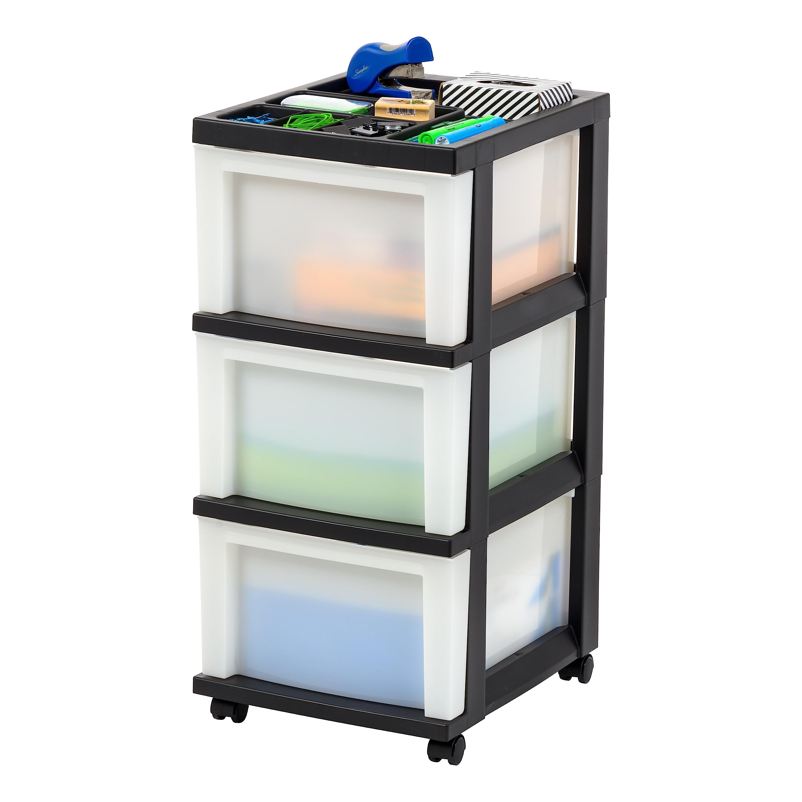 IRIS USA 3-Drawer Plastic Storage Cart with Wheels - Organizer for Classroom, Craft Supplies, Bathroom, Dorm & Laundry Room - Black/Pearl - Perfect for Home, Office & School Organization