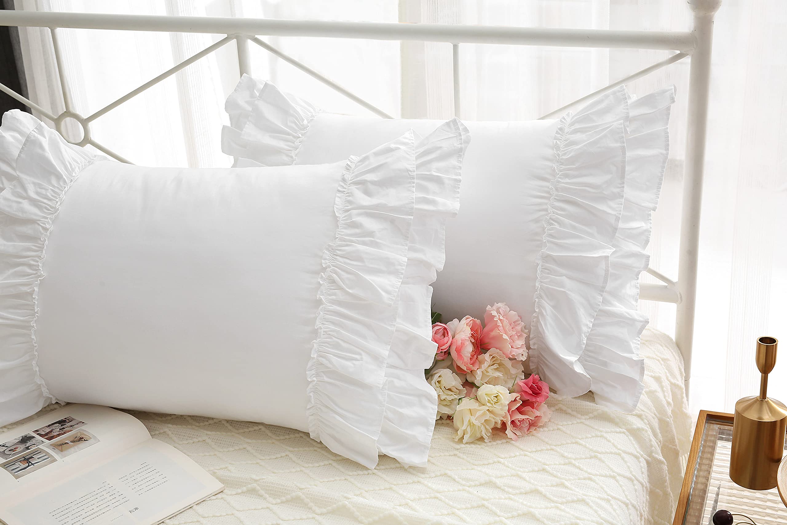 White Ruffles Pillow Shams Queen Size - 2 Pack 30x20 Inch Pure Cotton Ruffled Pillowcases & Covers for Bedroom Decor, Sofa Throw Pillows - Soft Luxury Bedding Accent for Master Bedroom, Guest Room or Living Room
