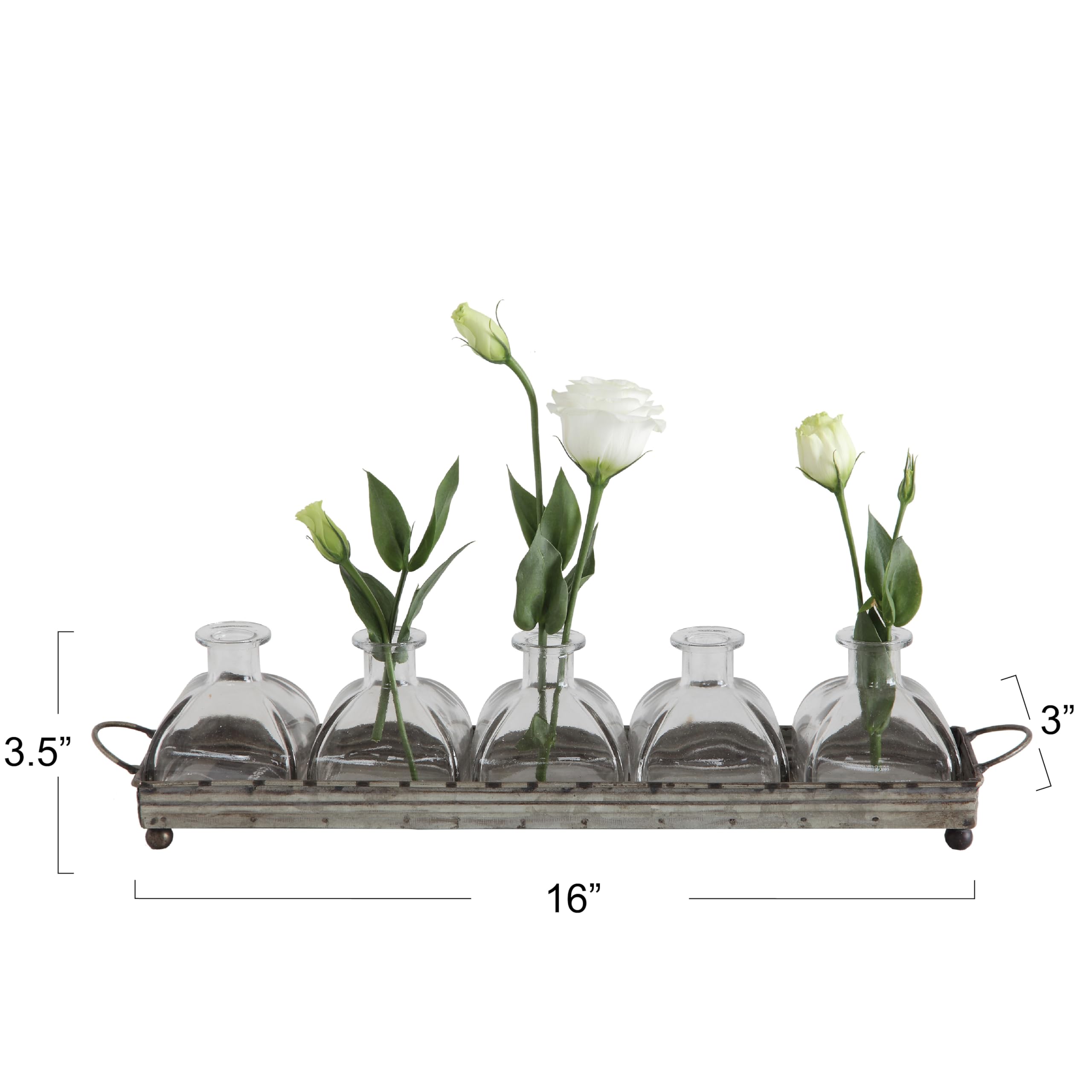Decorative Iron Rectangle Serving Tray with Handles & 5 Glass Vases - Perfect for Dining Table Centerpiece, Wedding Decor, and Home Organization
