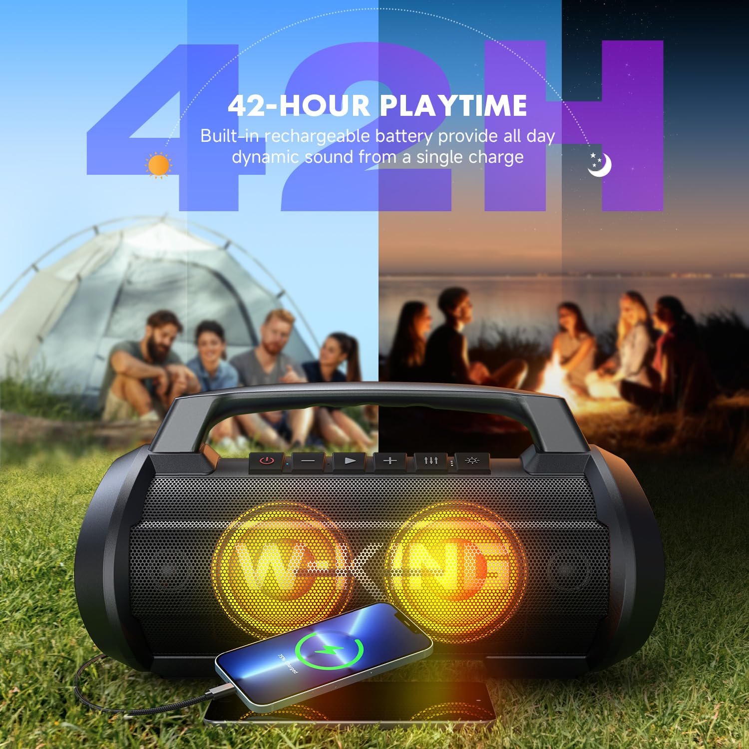 W-KING 120W Max Loudest Bluetooth Speaker - IPX6 Waterproof Portable Wireless Speaker with 70W Deep Bass, 2 Subwoofers, DSP, EQ, 42H Playtime, LED Lights, Power Bank - Perfect for Outdoor Parties, Beach, Camping & Large Events