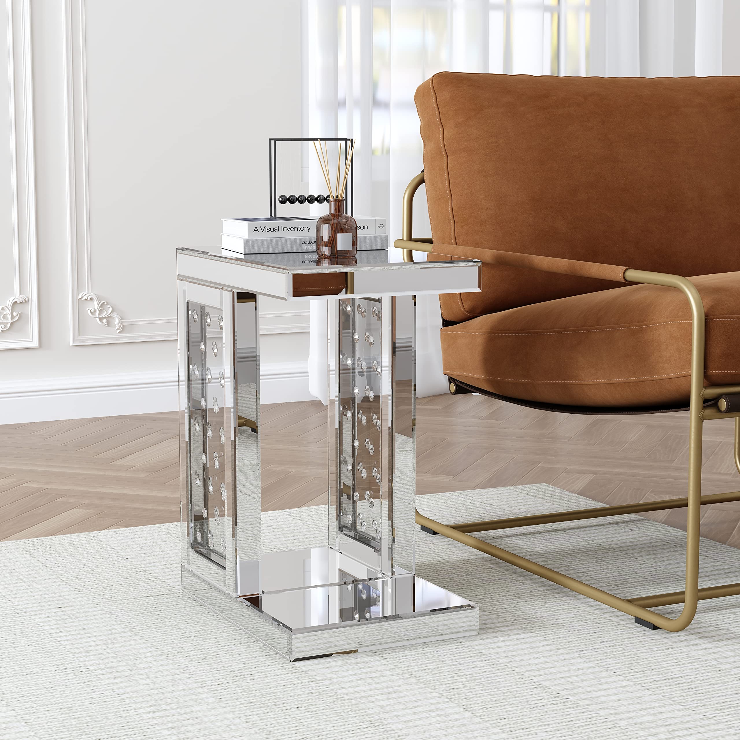 Mirrored C-Shaped End Table with Crystals - Accent Side Table for Sofa & Couch, Small Space Living Room & Bedroom Decor - Perfect for Holding Drinks, Books & Decor Items
