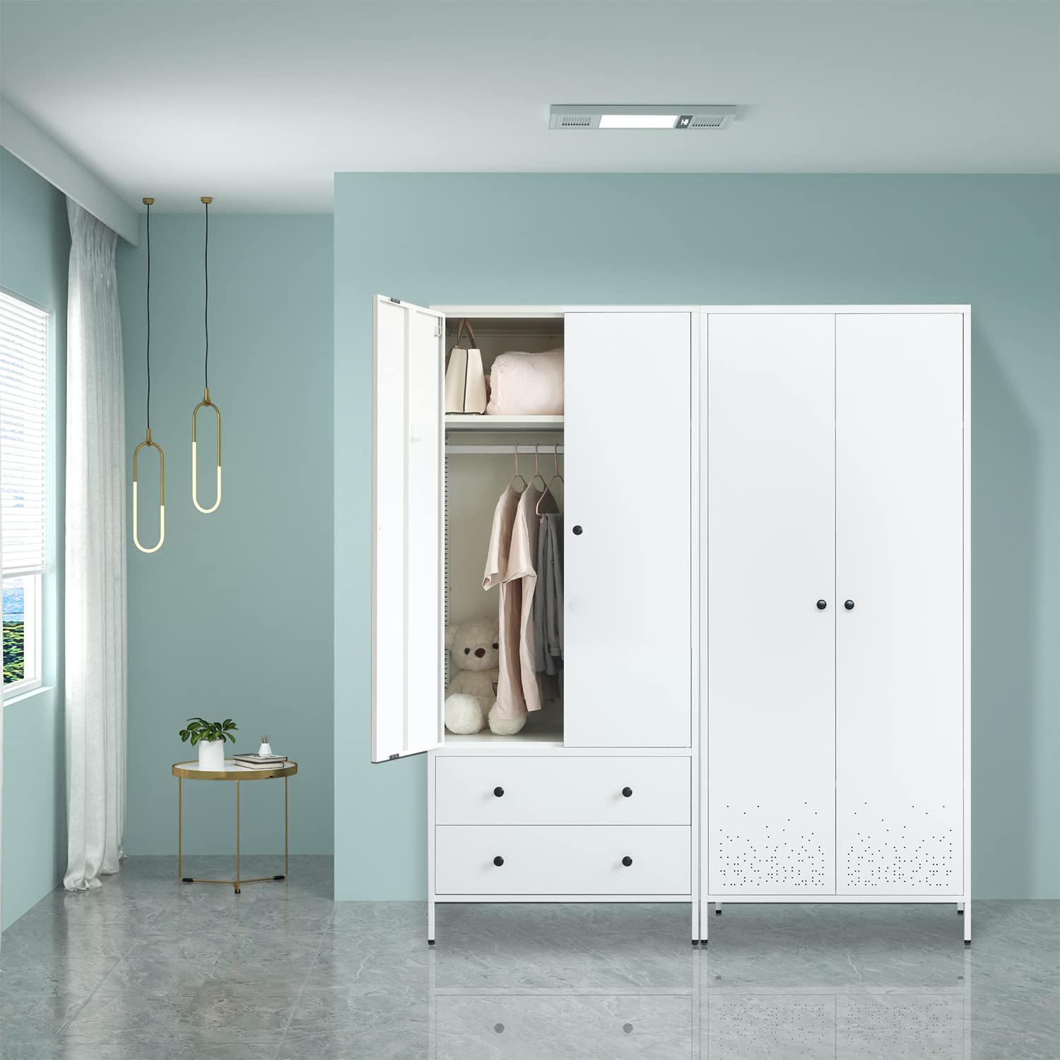 White Metal Storage Cabinet with Hanging Rod - Wardrobe Armoire Closet Organizer for Bedroom, Laundry Room & Home Organization - Perfect for Clothes Storage, Linen Organization & Small Space Saving