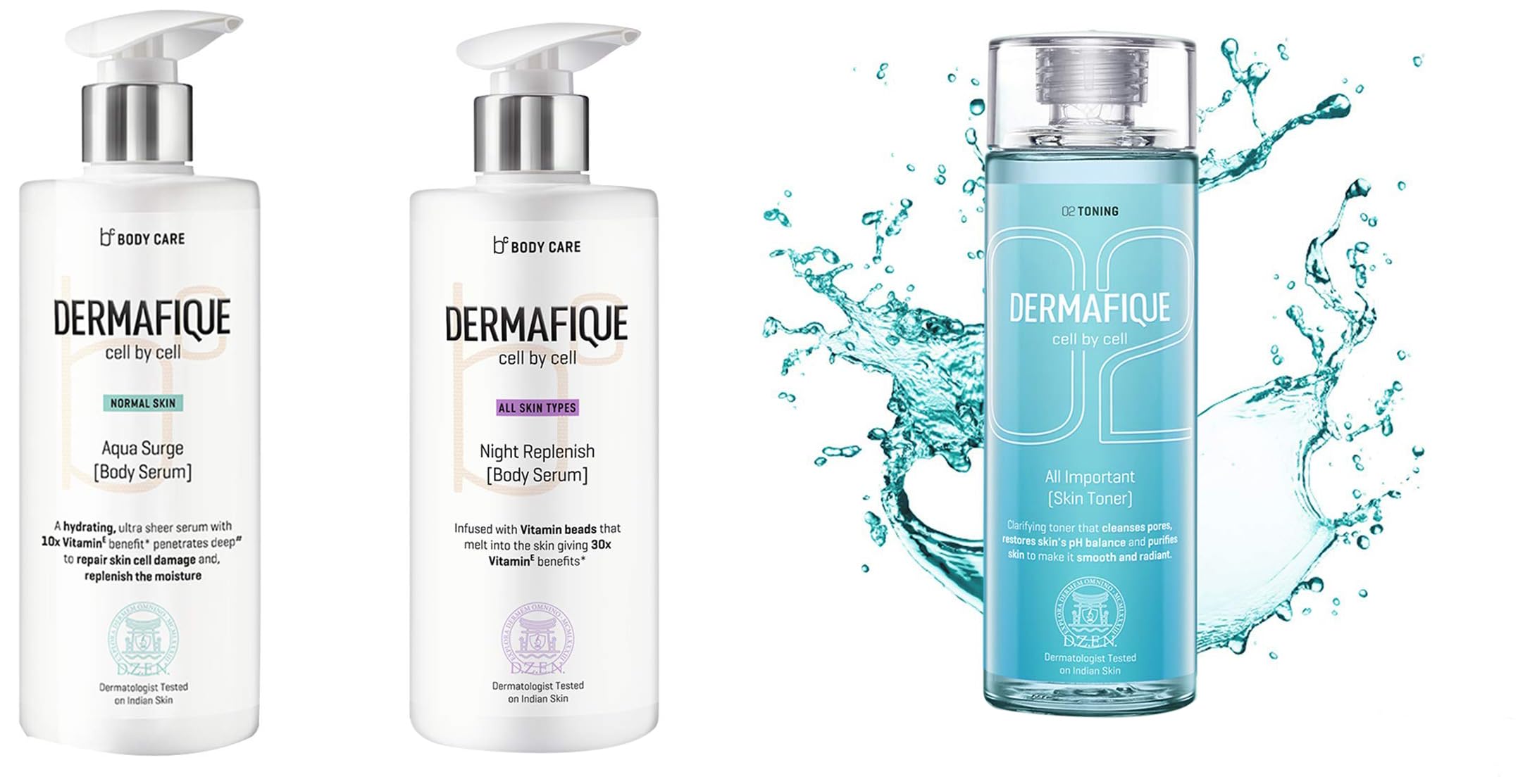 Dermafique All Important Skin Toner 150ml & Aquasurge Body Serum 300ml & Night Replenish Body Lotion 300ml - Hydrating Skincare Set for Face & Body - Perfect for Daily Moisturizing Routine & Nighttime Skin Repair