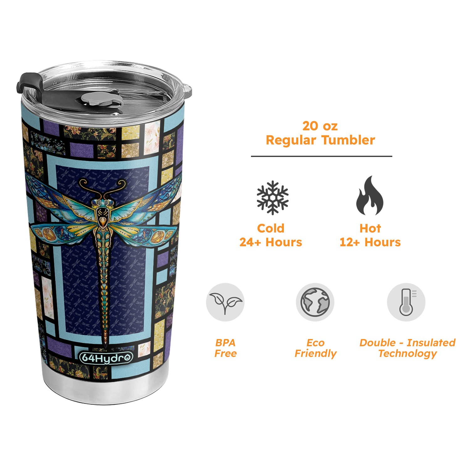 20oz Dragonfly Mosaic Tumbler Cup with Lid - Insulated Travel Coffee Mug for Women, Perfect Valentine's Day, Birthday, Mother's Day Gift for Her, Mom, Wife, Daughter & Friends - Inspirational Dragonfly Design for Office, Home & Outdoor Use