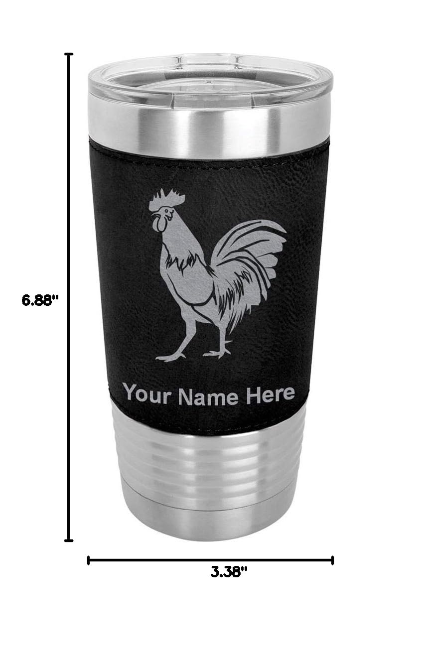 LaserGram 20oz Vacuum Insulated Stainless Steel Tumbler Mug with Personalized Engraving - Rooster Design, Faux Leather Handle, Black - Perfect for Coffee, Tea & Cold Drinks at Home, Office or Travel
