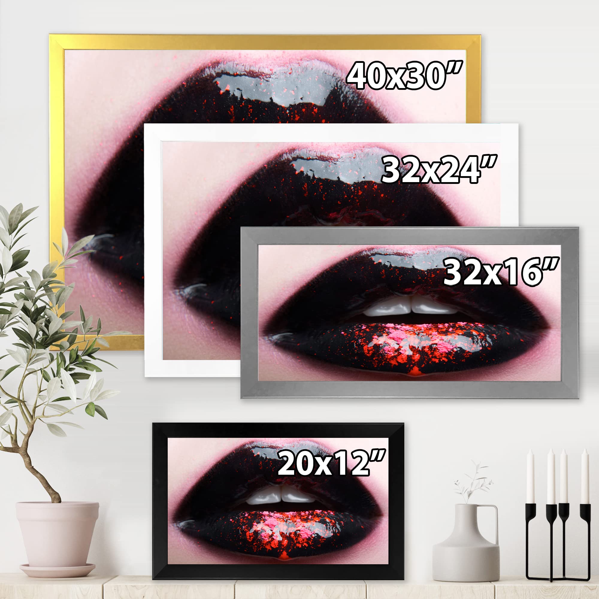 DesignQ Plump Woman Lips Black & Pink Modern Framed Wall Art - Contemporary Home Decor for Living Room, Bedroom & Office