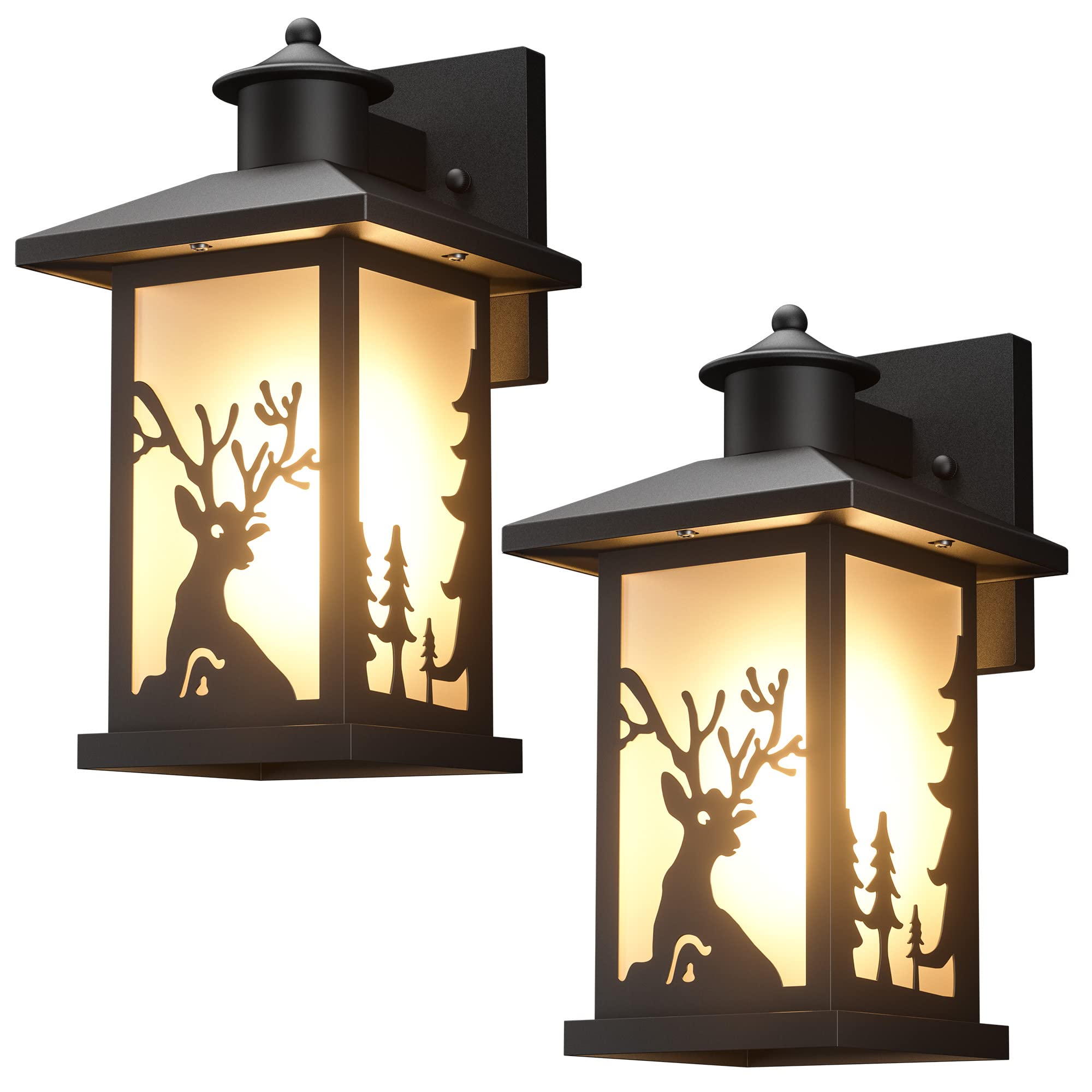 2 Pack Outdoor Wall Sconce Lights - Waterproof Exterior Porch Lighting Fixtures with Anti-Rust Finish & Frosted Glass (Deer Pattern), E26 Socket - Perfect for House, Garage, Patio, Front Door & Garden Decor