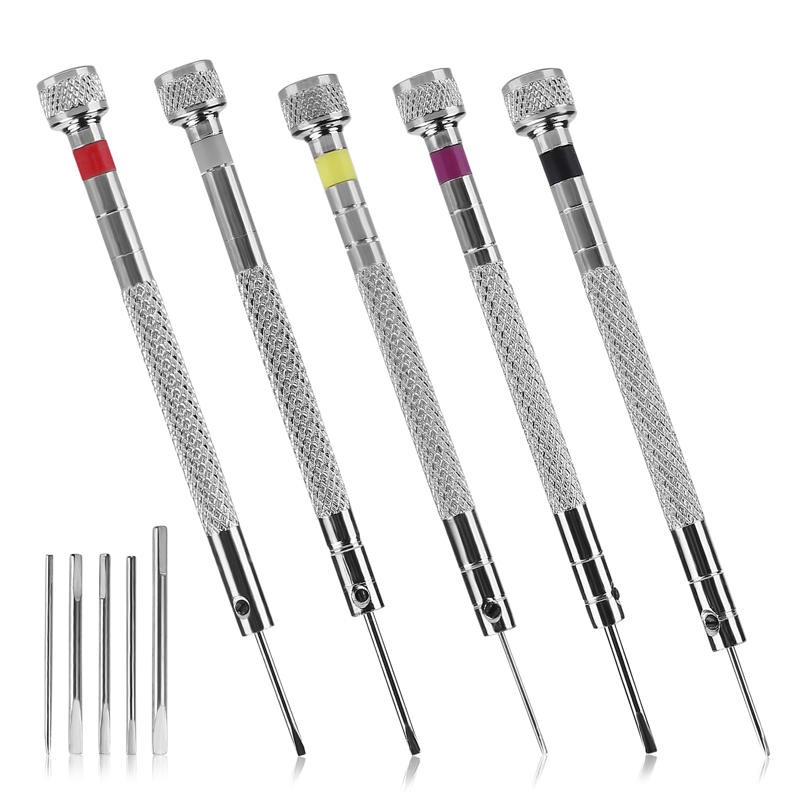 5Pcs Mini Slotted Screwdriver Set - Precision Watch & Jewelry Repair Kit with 5 Spare Bits (0.8mm-1.6mm) - Ideal for Eyeglasses, Electronics, Watches & Delicate Device Maintenance