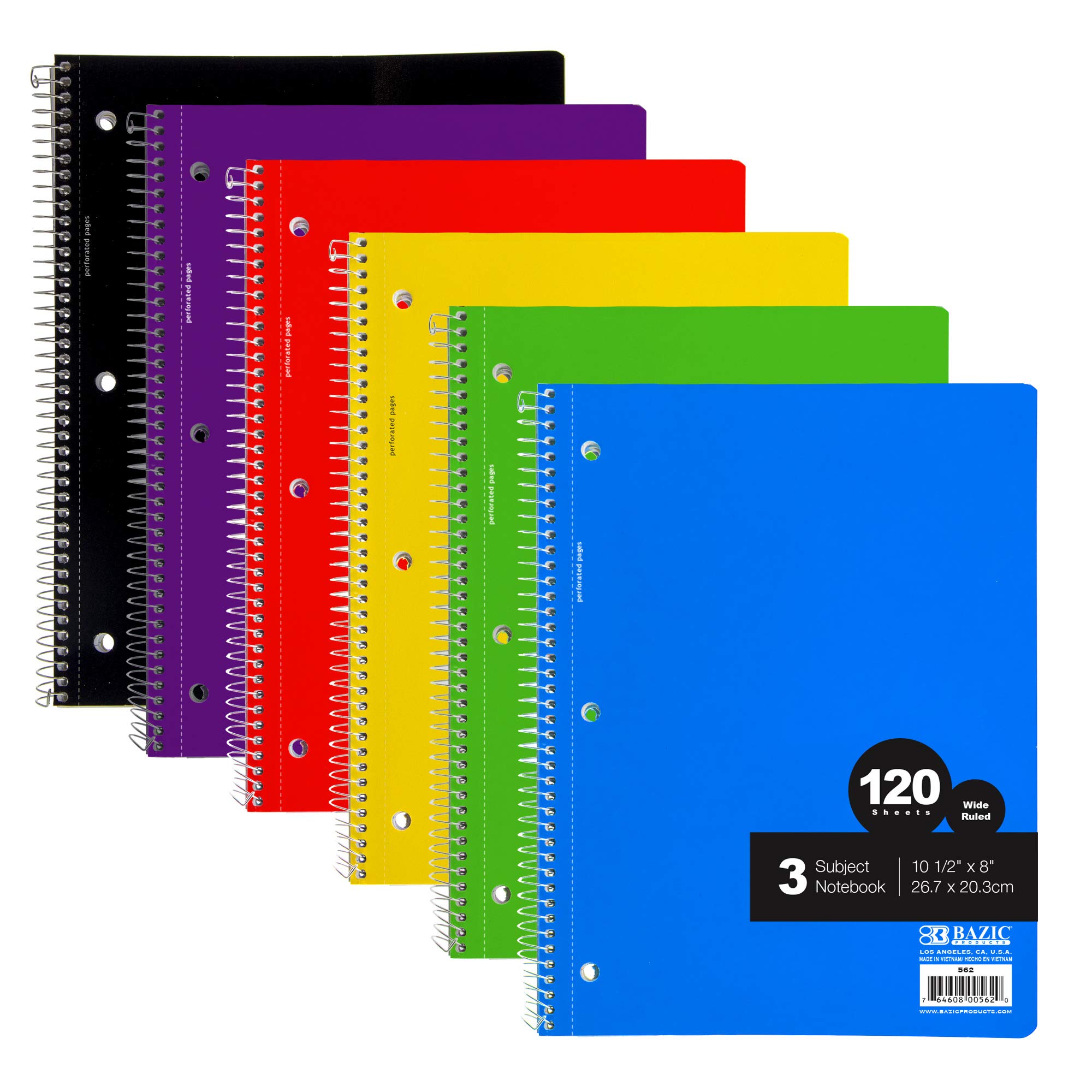 BAZIC 3 Subject Spiral Notebook Wide Ruled - 120 Sheets, 24-Pack Assorted Colors - Composition Notebook for School, Office, Journaling & Note Taking - Perfect for Students, Professionals & Creative Writing