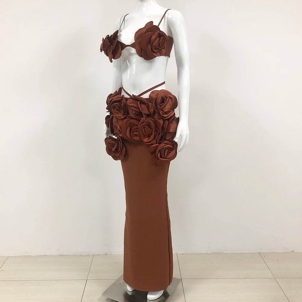 Sexy Brown Floral Bandage Tops for Women - 2 Piece Bodycon Long Dress Set for Nightclub, Party & Photo Shoot | Elegant Evening Wear & Special Occasion Outfit
