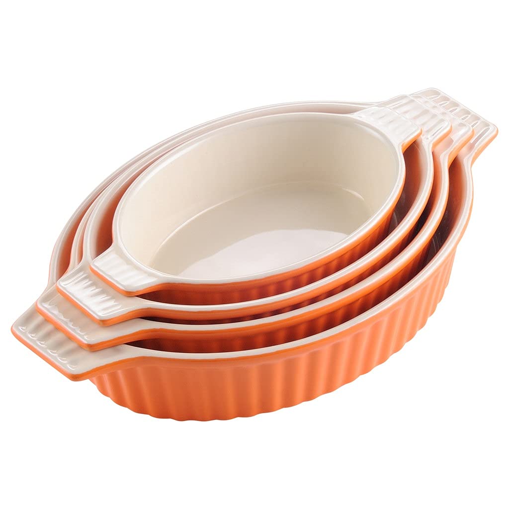 4-Piece Ceramic Baking Dish Set with Oval Plates & Handles - Oven Safe, Microwave & Dishwasher Friendly - Perfect for Lasagna, Pie, Casserole & Tapas - Ideal for Family Dinners, Holiday Meals & Party Serving (Color: D)